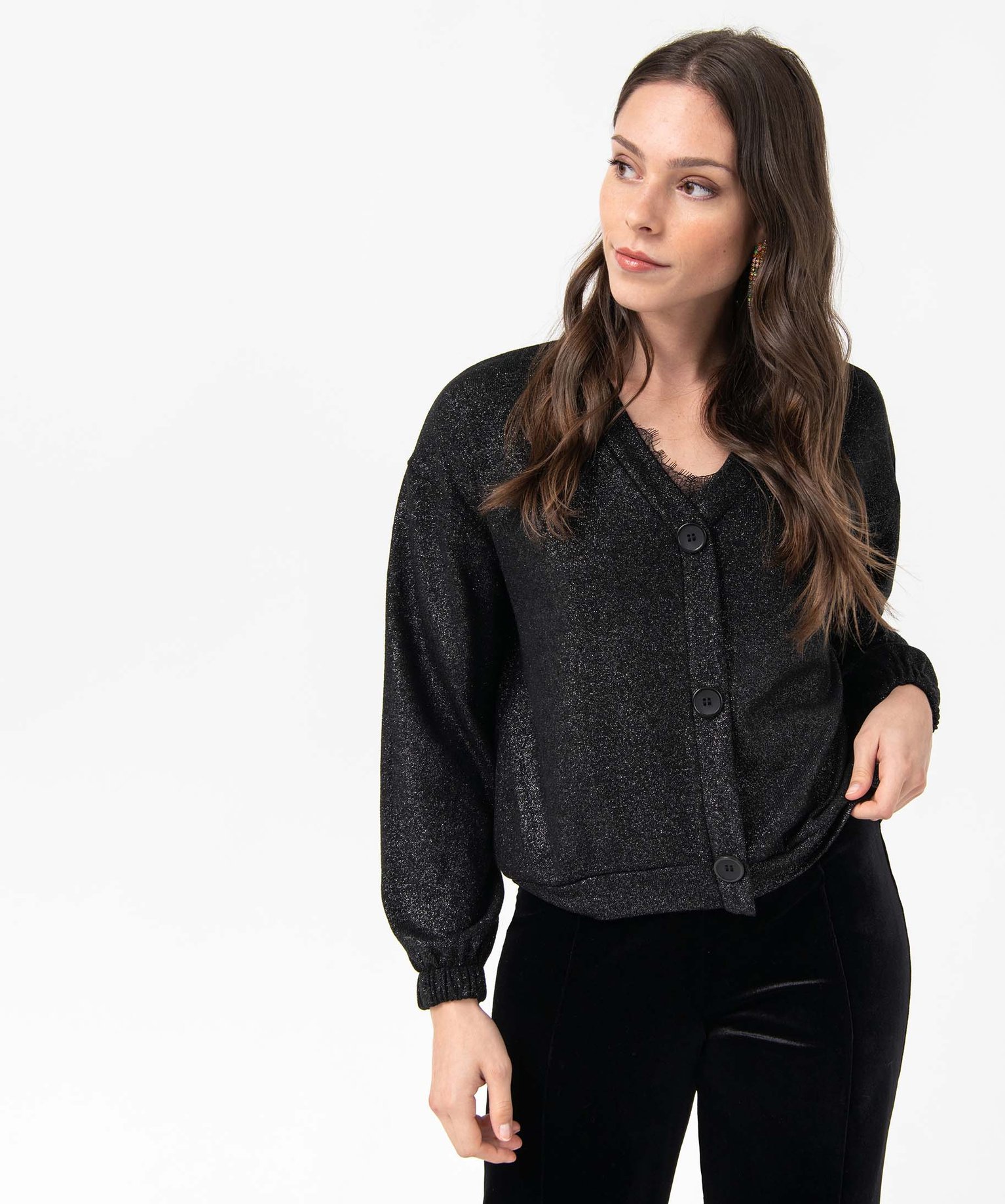 Pull femme à col V en maille pailletée noir | GEMO
