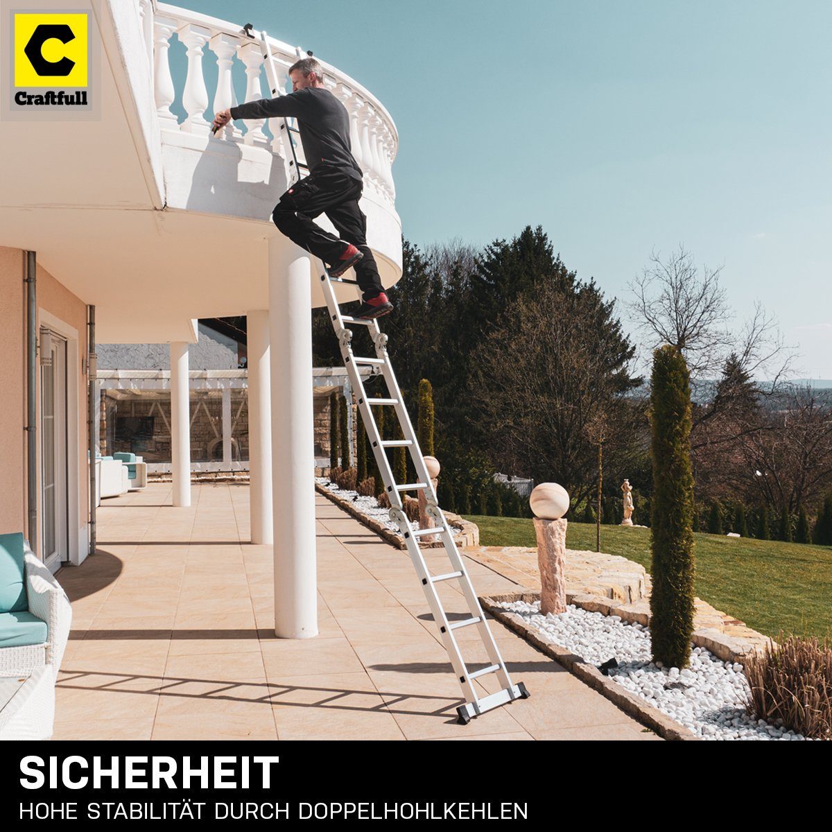 Craftfull Vielzweckleiter 6in1 Leiter CF-104A inkl. 3 Jahre Garantie Mehrzweckleiter Aluminium (Sicherheits-Sperriegel - Alu Stehleiter bis 150 kg - Anlegeleiter - Arbeitsbühne - Multigerüst mit Rollen - Haushaltsleiter - Stufen Leiter - Arbeitsleite