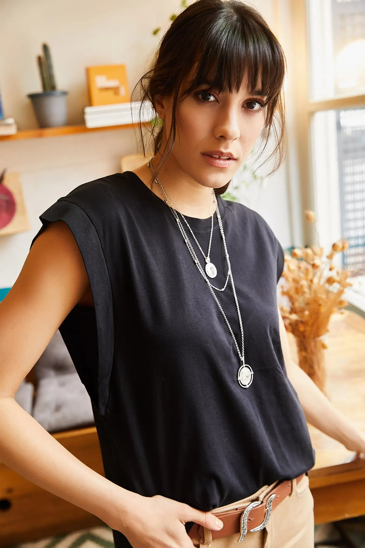 Olalook  Schwarzes Achselstück-Fledermaus-T-Shirt für Damen TSH-19000330