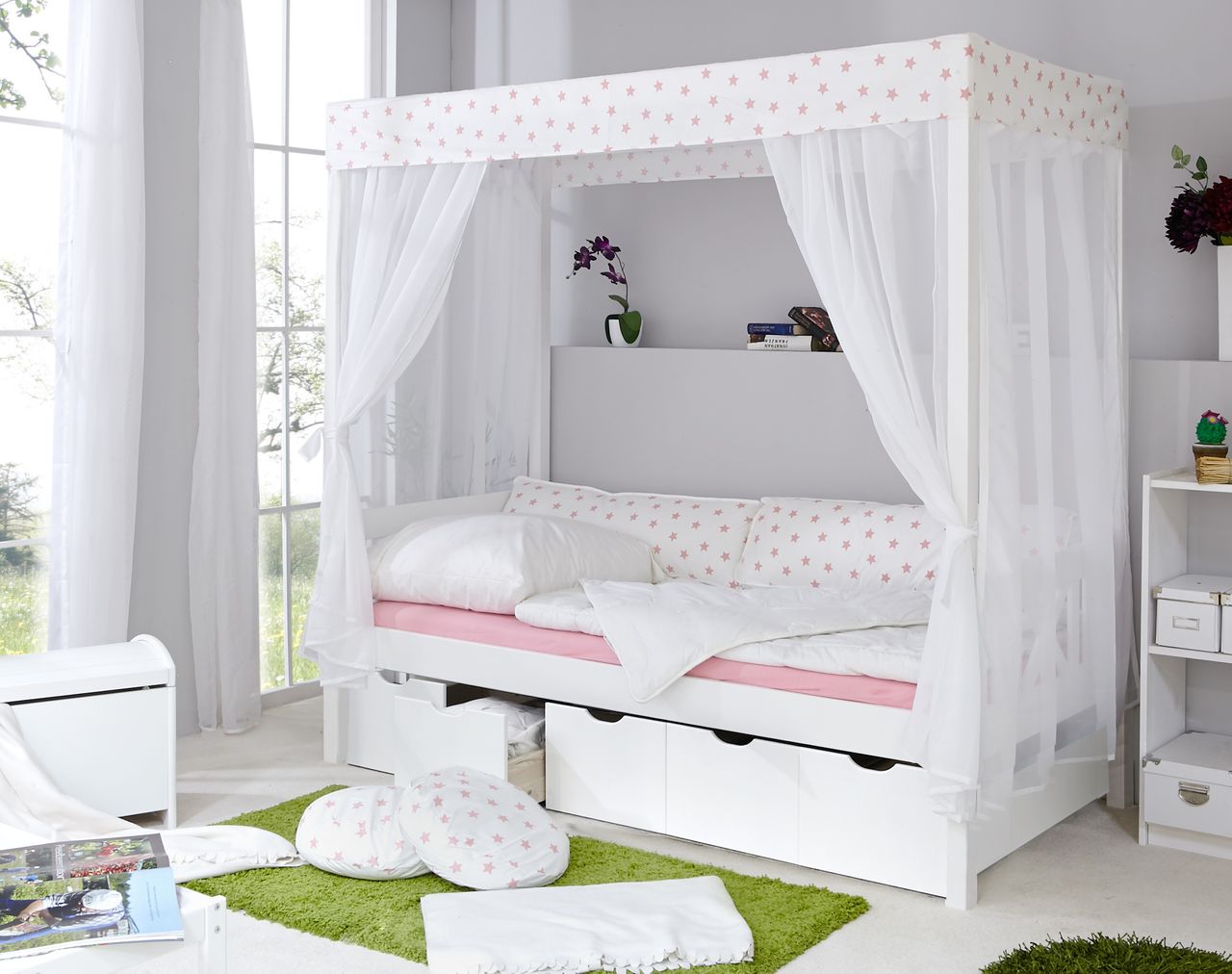 Ticaa Himmelbett weiß-Rosa Var. 2 - mit 5er Schubkästen -