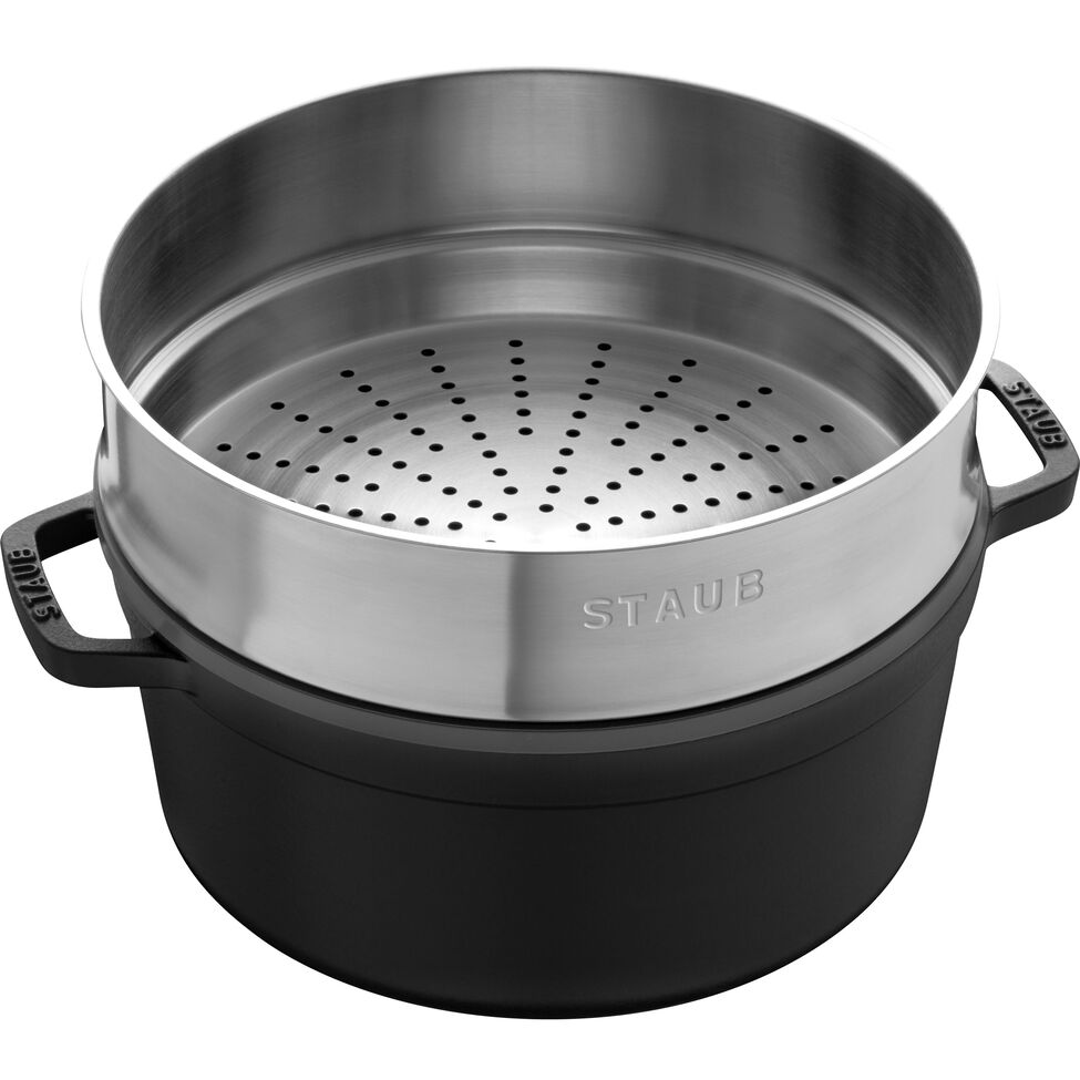 Cocotte mit Dämpfeinsatz 26 cm, rund, Schwarz, Gusseisen