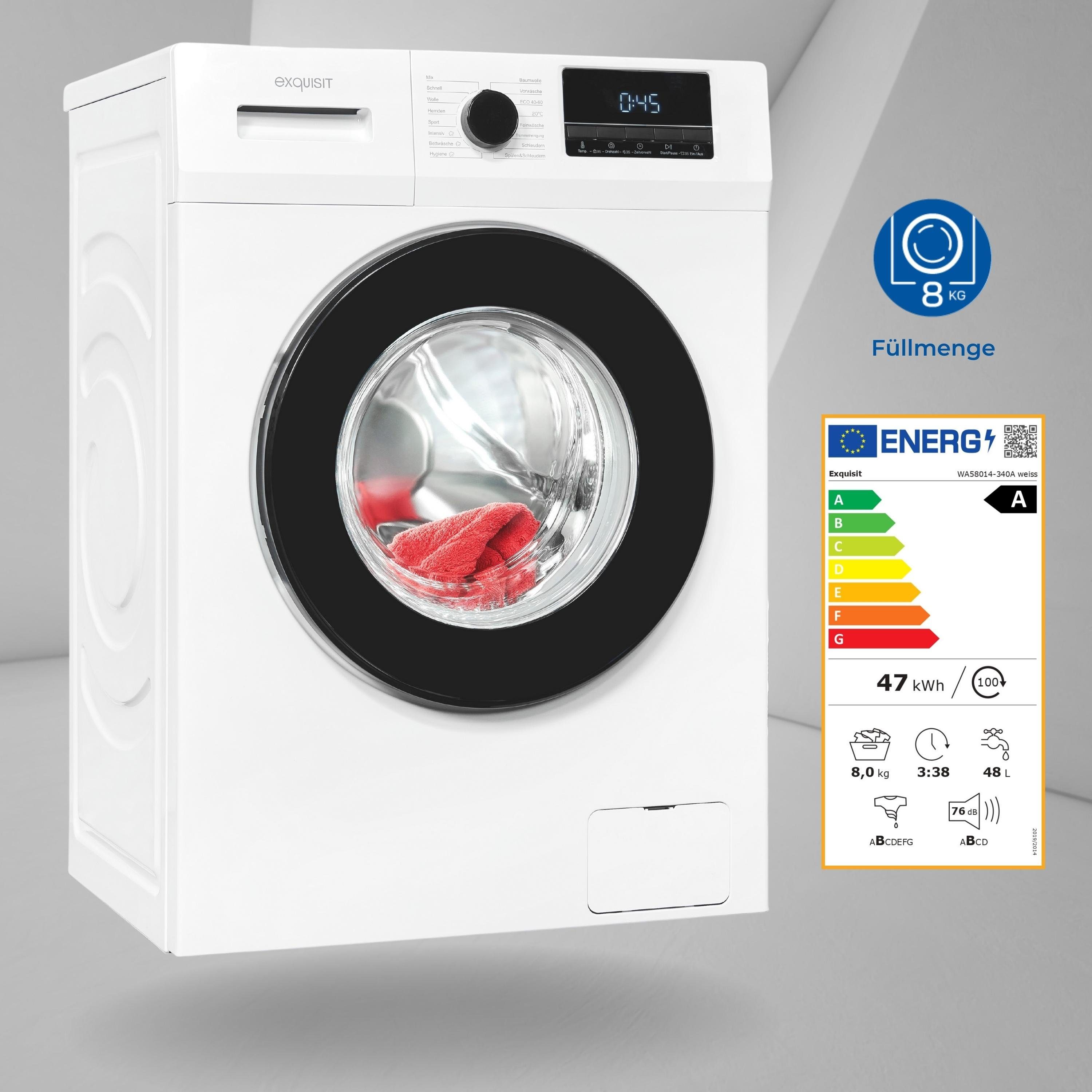 exquisit Waschmaschine WA58014-340A, 8 kg, 1400 U/min, Trommelreinigung, Kindersicherung, Aquastop