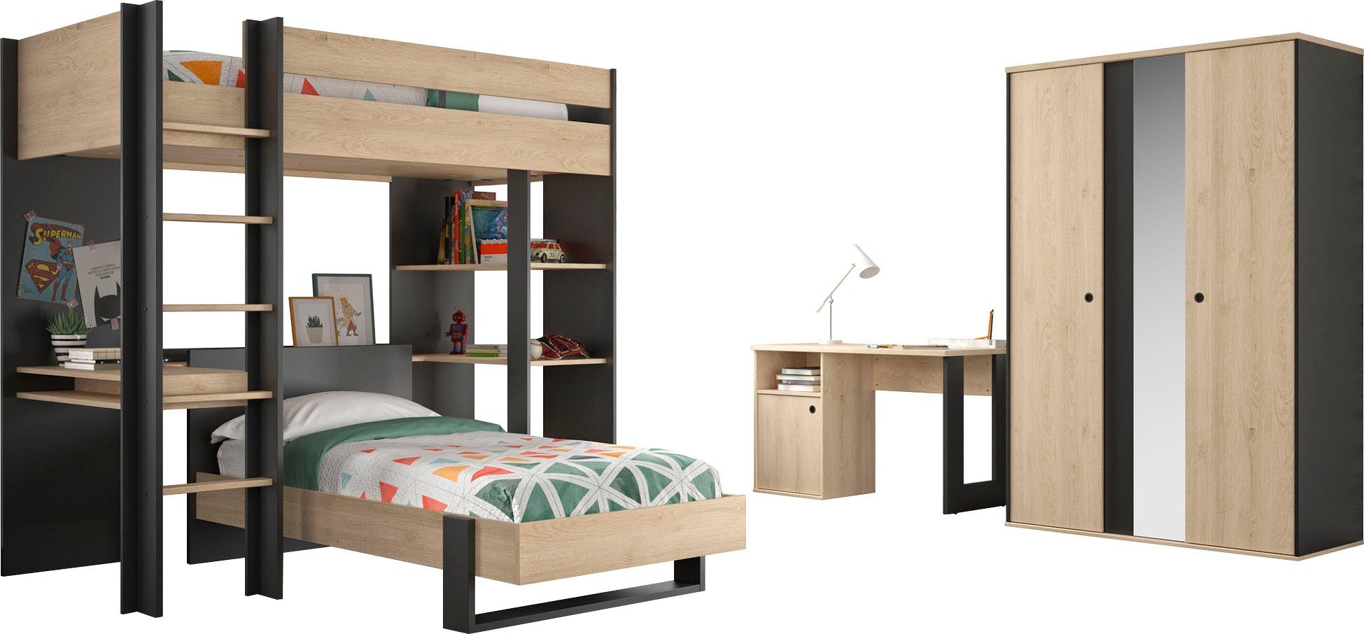 Gami Jugendzimmer-Set Duplex, (4-St., Bett, Kleiderschrank, Schreibtisch, Hochbett)