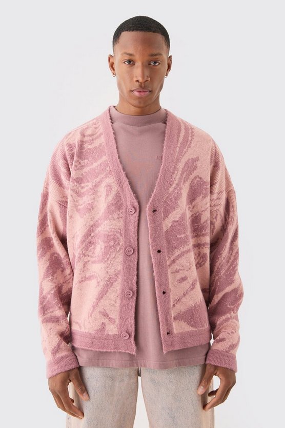 Kastiger Oversize Jacquard-Cardigan mit abstraktem Print
