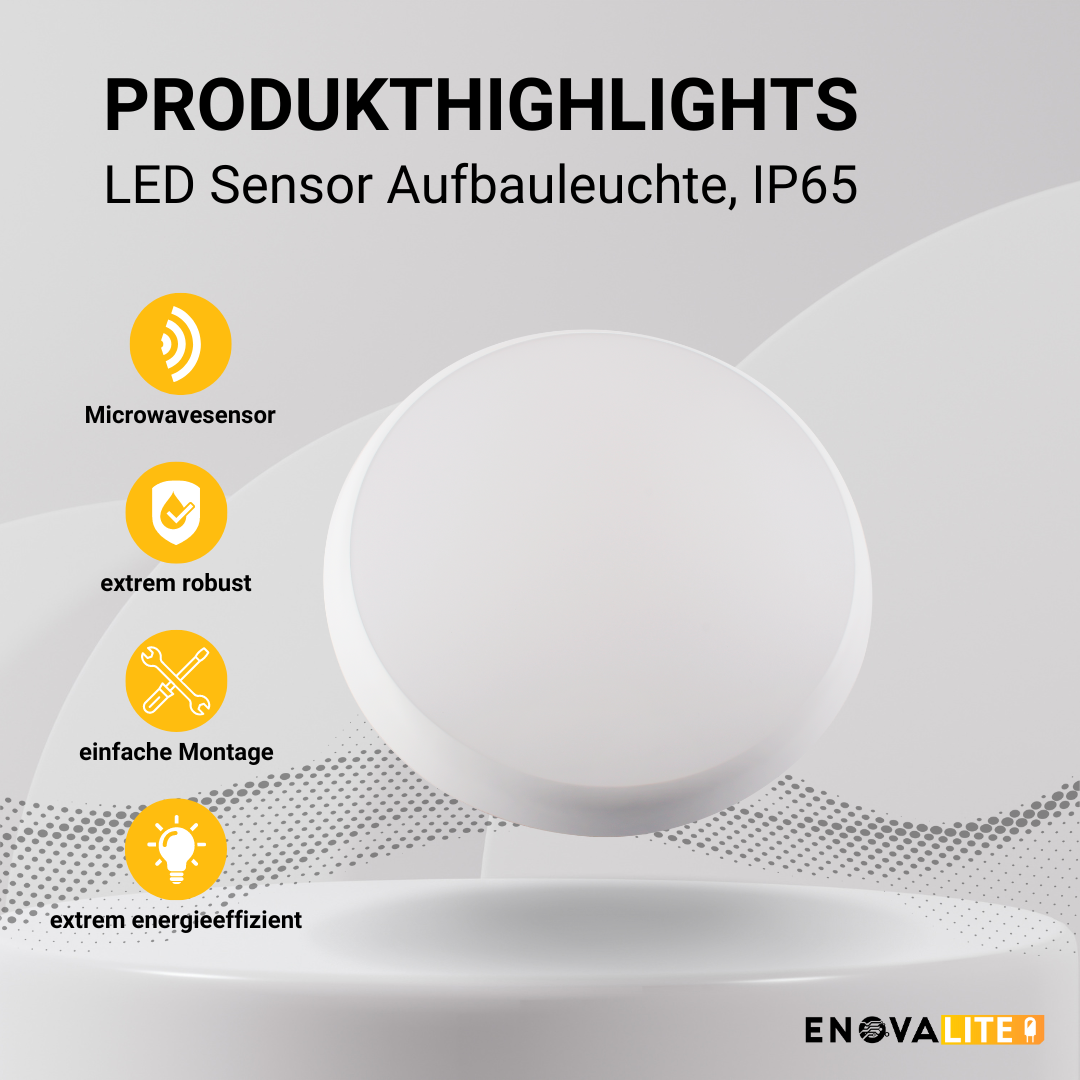 ENOVALITE LED Aufbauleuchte mit Sensor, 18W, 4000K, ø250mm