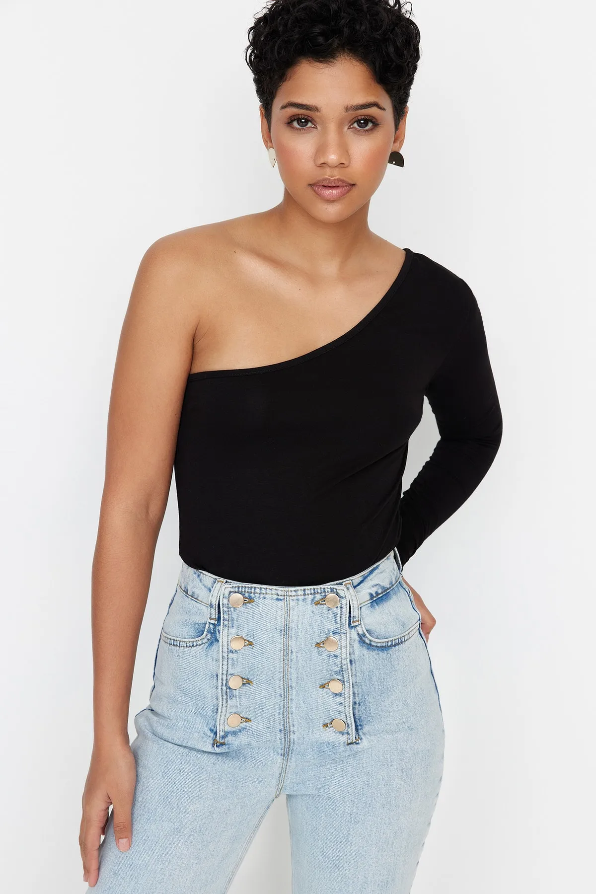 Trendyol Collection  Schwarzer, einärmliger Strick-Body aus Baumwollstretch mit Druckknöpfen TWOSS23BD00013