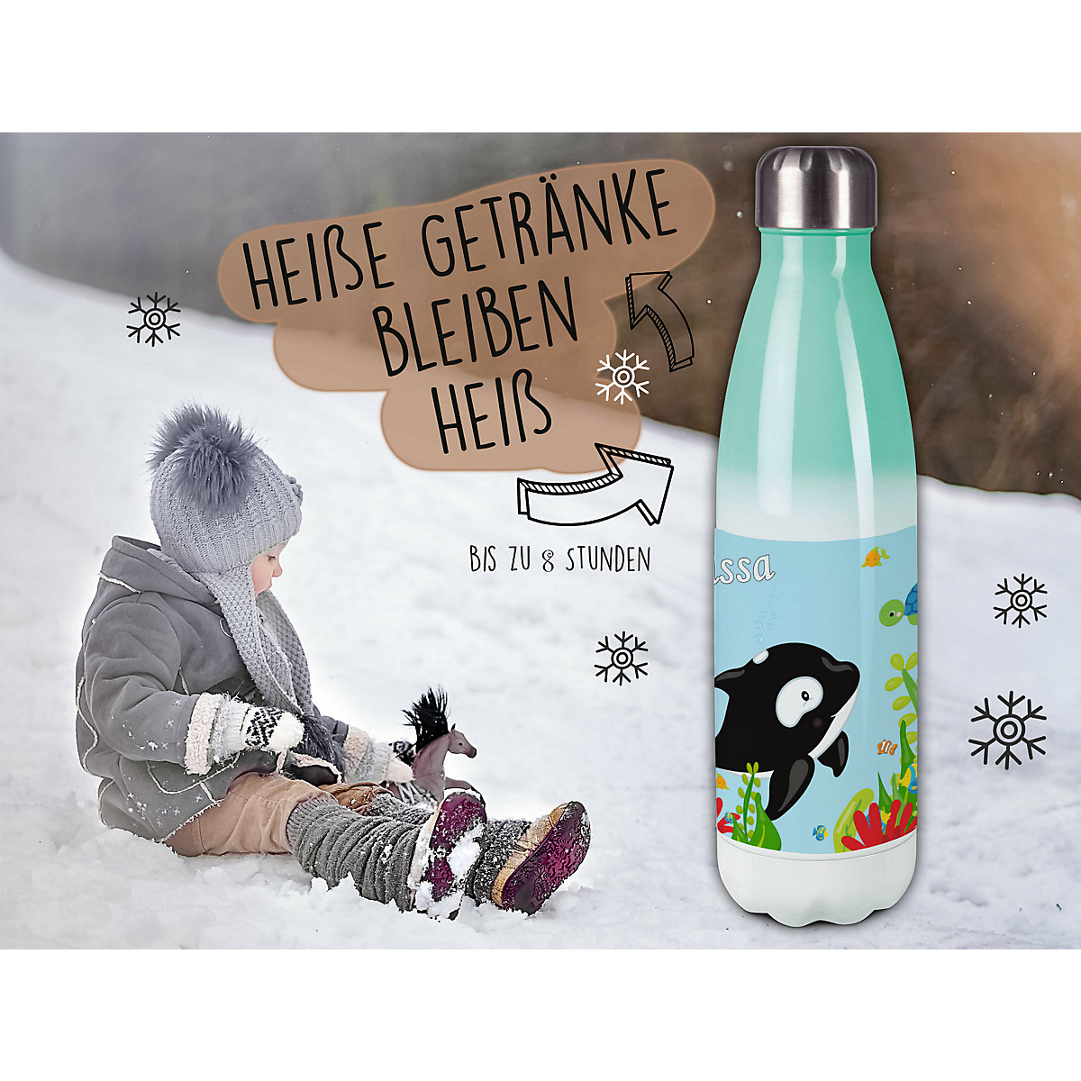 Edelstahl Kinder Thermoflasche / Trinkflasche bunt Unterwasserwelt Spülmaschinenfest, Auslaufsicher, Bruchfest, Doppelwandig, Für Heißgetränke geeignet, Mit Deckel, Isoliert