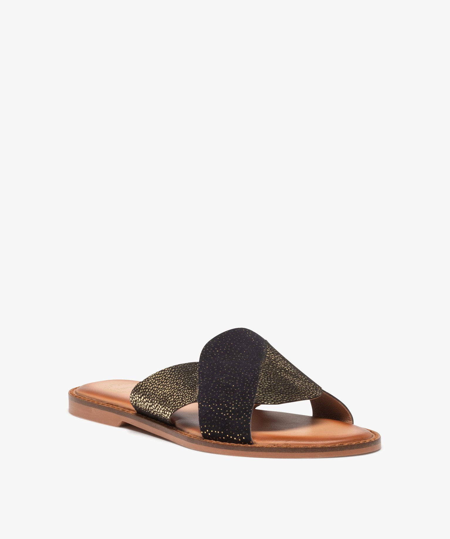 Mules femme à talon plat dessus cuir métallisé – Tanéo noir | GEMO