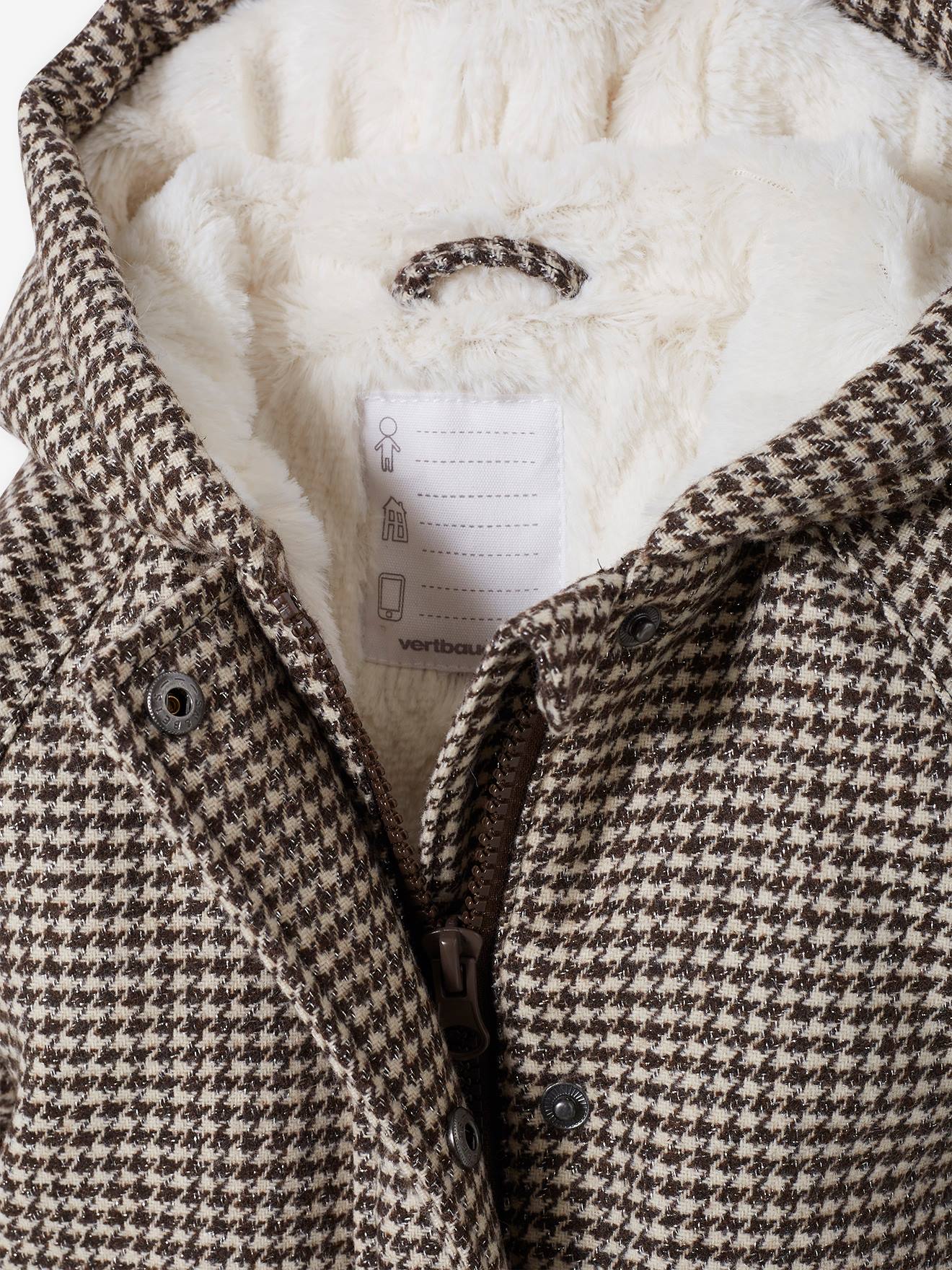 Manteau à capuche pied de puce bébé doublé imitation fourrure carreaux marron