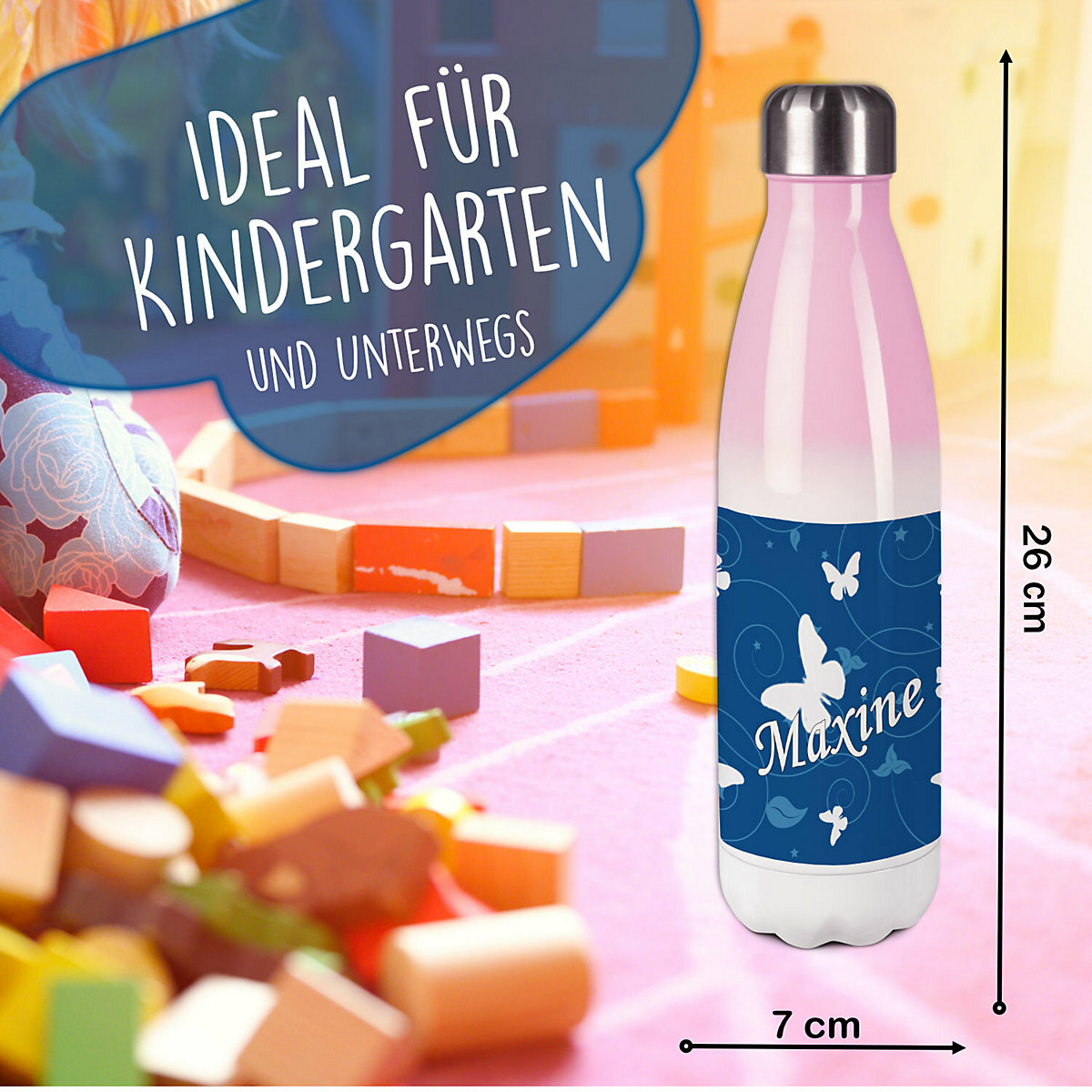 Edelstahl Kinder Thermoflasche / Trinkflasche bunt Schmetterling Ornamente Farbe blau Spülmaschinenfest, Auslaufsicher, Bruchfest, Doppelwandig, Für Heißgetränke geeignet, Mit Deckel, Isoliert