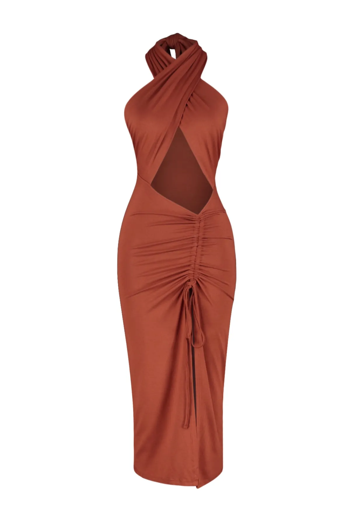 Trendyol Collection  Braunes, tailliertes, gestricktes Maxi-Strandkleid mit Ausschnitten und Fenstern TBESS23EL00229