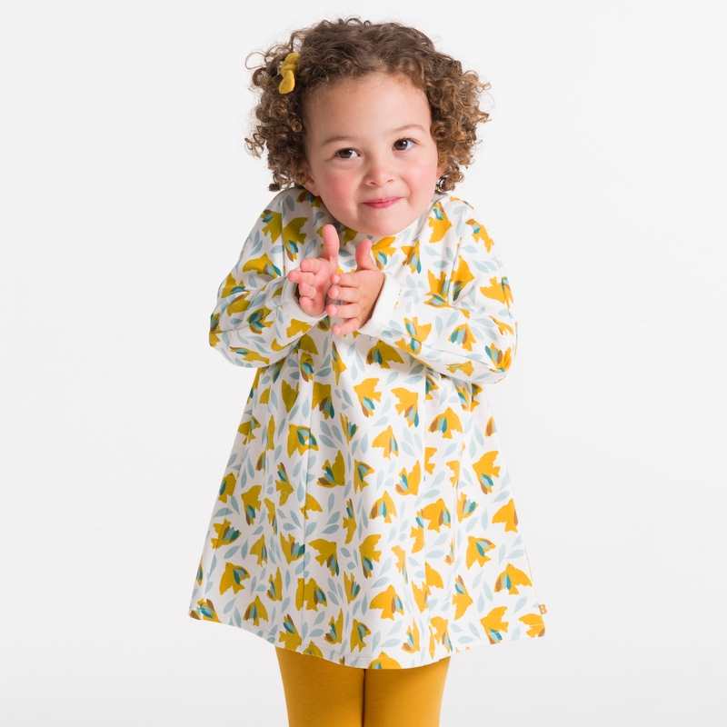Robe oiseaux molleton léger et legging jaune bébé fille