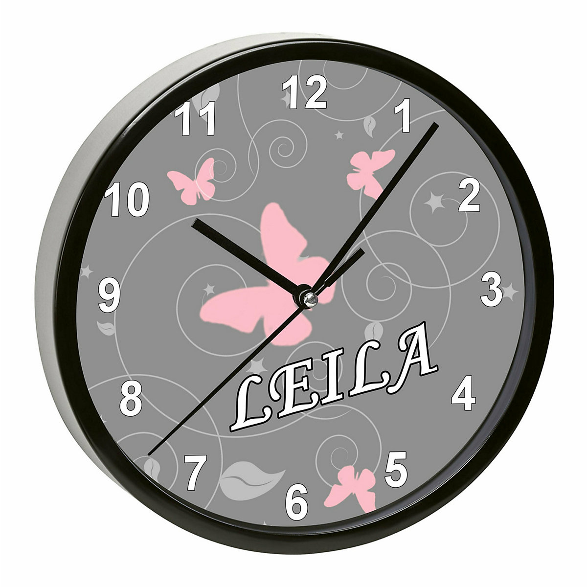 Kinder Wanduhr personalisiert mit Name Schmetterling Ornamente pink weiß grau