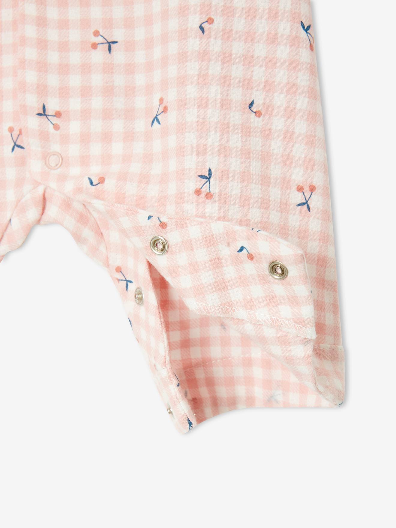 Pyjama bébé en flanelle de coton ouverture naissance carreaux rose thé