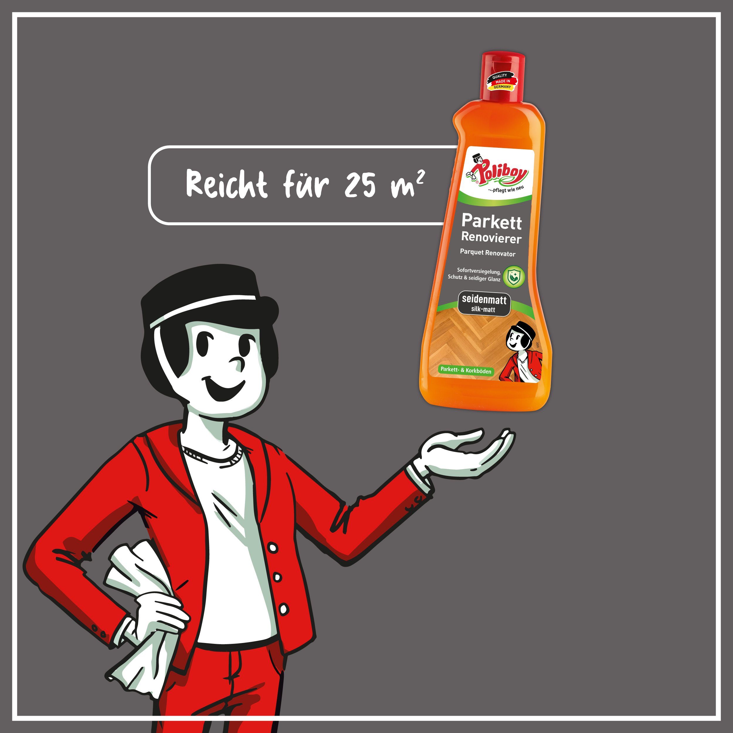 poliboy Parkett Renovierer Seidenmatt - 500ml - Parkettreiniger (für strapazierte Holz- und Korkböden - Made in Germany)