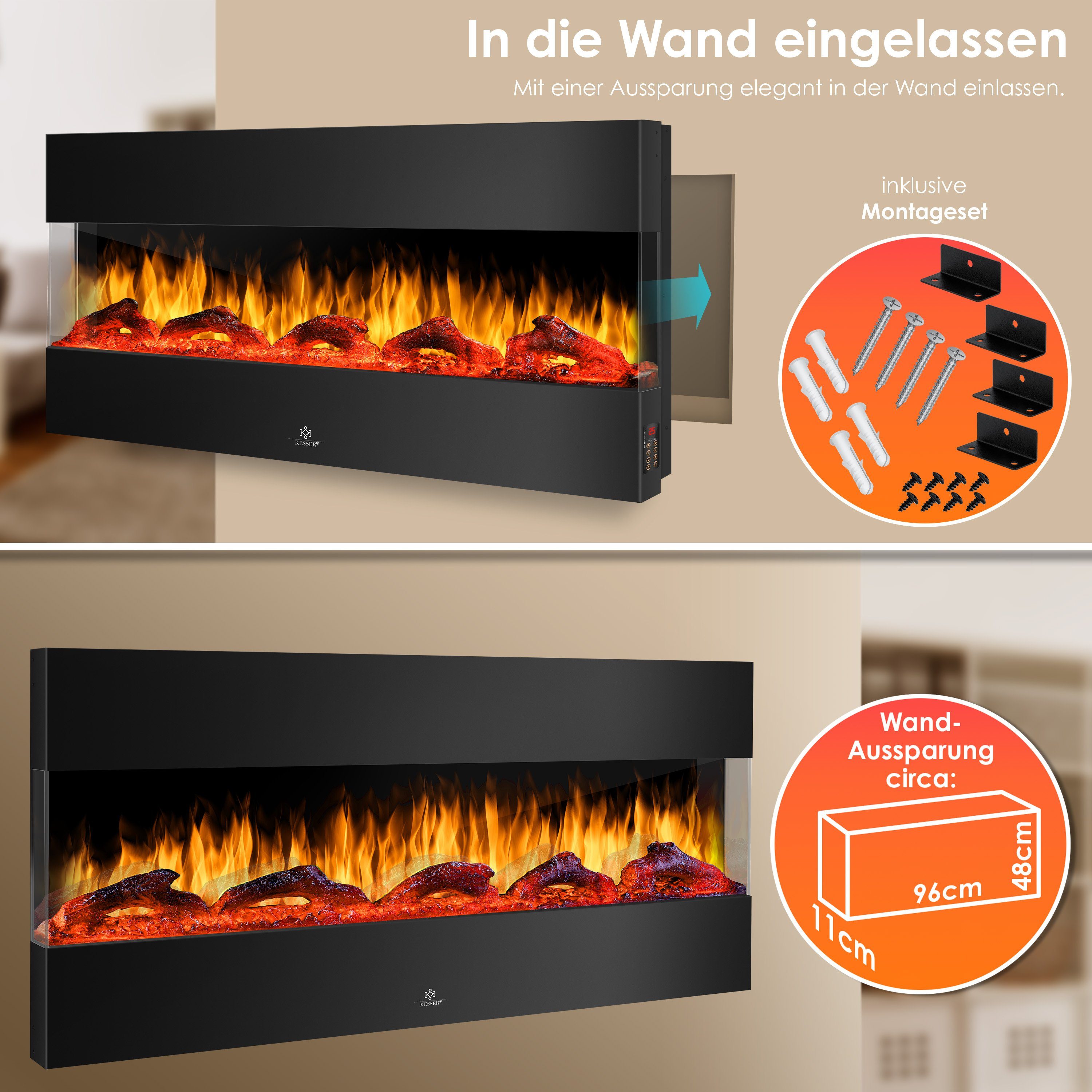 KESSER Elektrokamin, Wandkamin Elektrokamin 3D Elektrischer Kamin mit Heizung 9 Farbmodi
