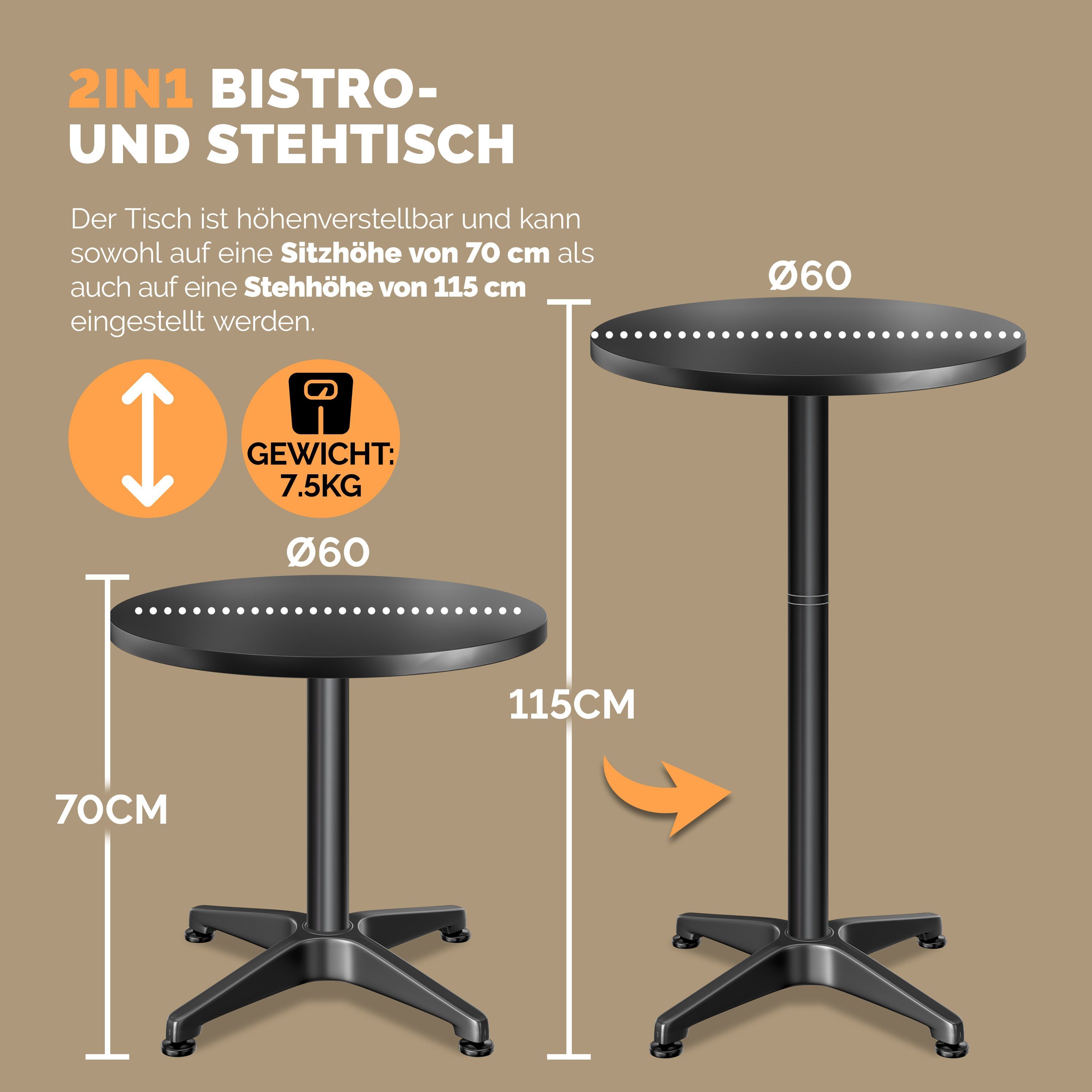 Casaria Stehtisch, Höhenverstellbar 70cm/115cm Hoch Alu Rund Ø60cm Bistrotisch Wetterfest