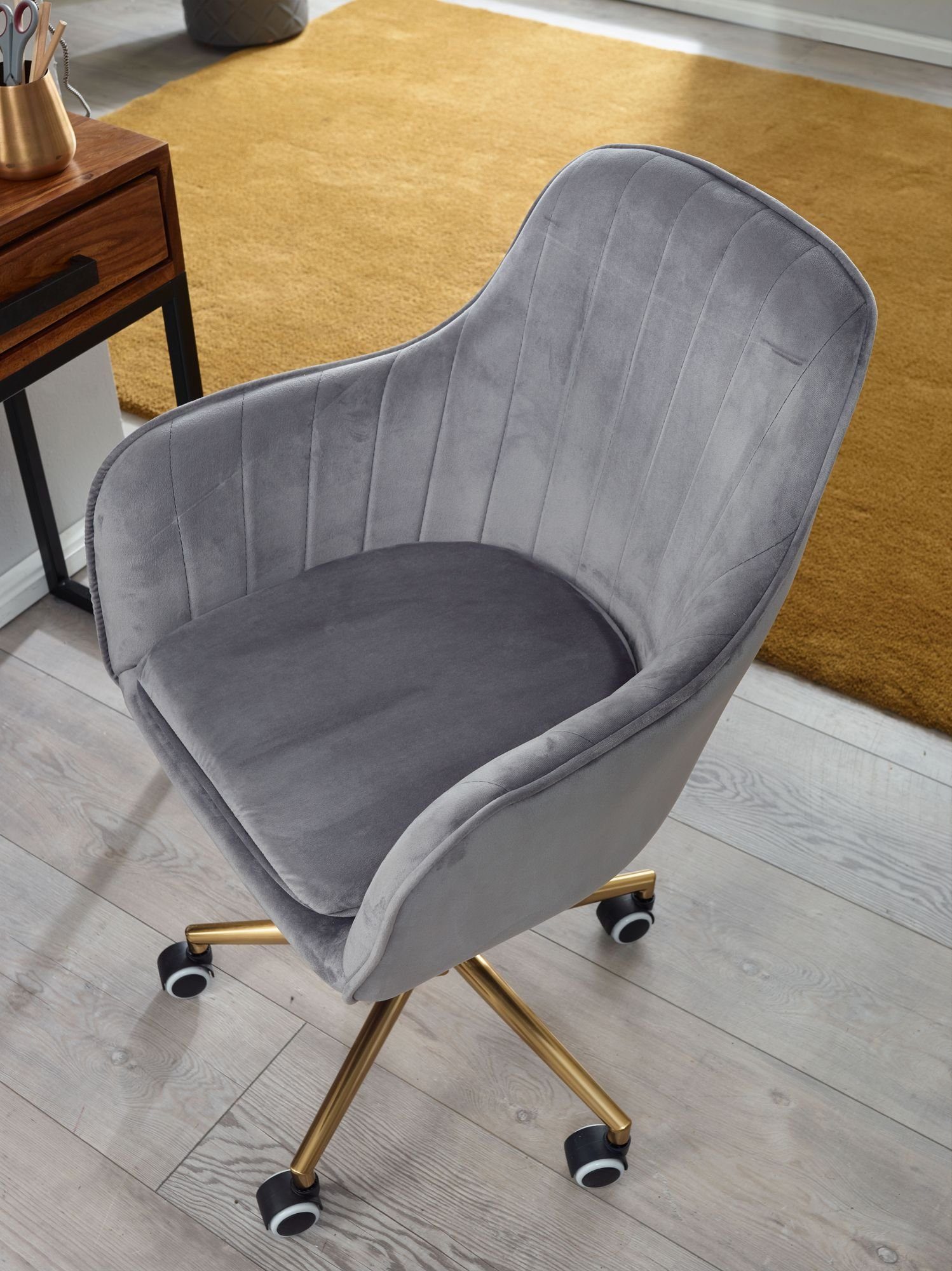 FINEBUY Schalenstuhl SuVa24214_1 (Samt Grau, Design Schalenstuhl Drehbar mit Lehne), Schreibtischstuhl 120 kg Höhenverstellbar, Drehbar