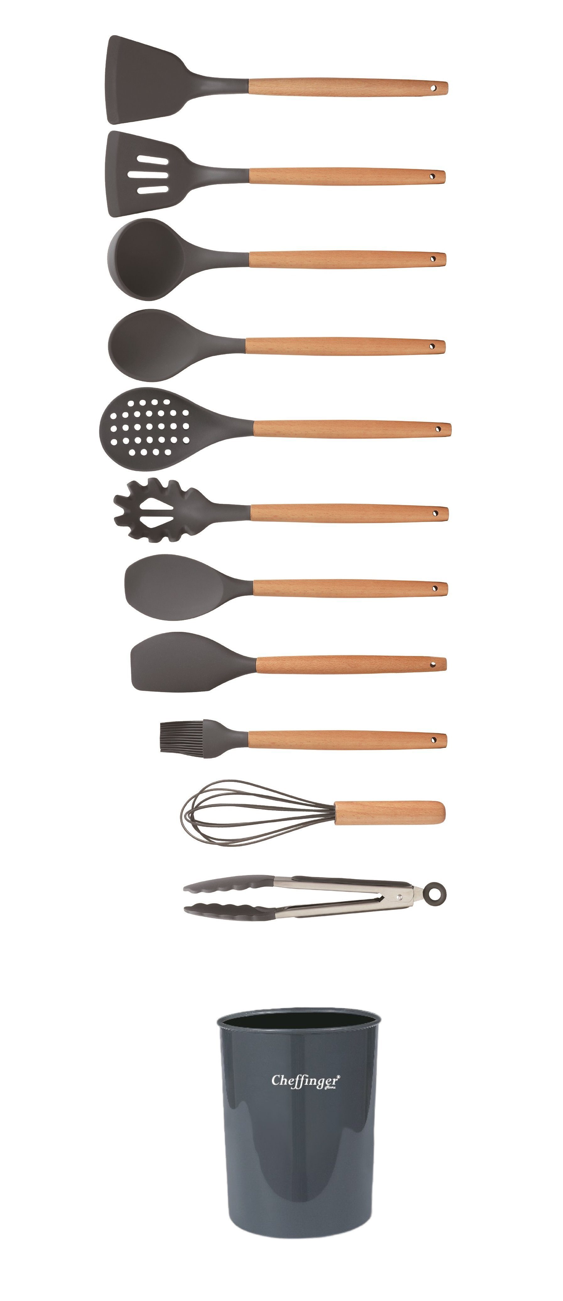 Cheffinger Kochbesteck-Set 12-tlg Küchenhelfer Kochbesteck Set Kochgeschirr Silikon Holzgriff