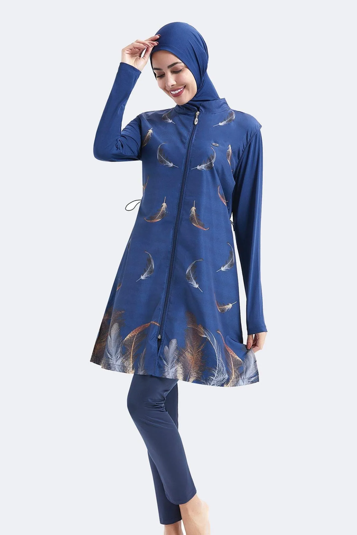 C&City  Vollständig bedeckter 4-teiliger Hijab-Badeanzug mit Reißverschluss, C14102, Marineblau