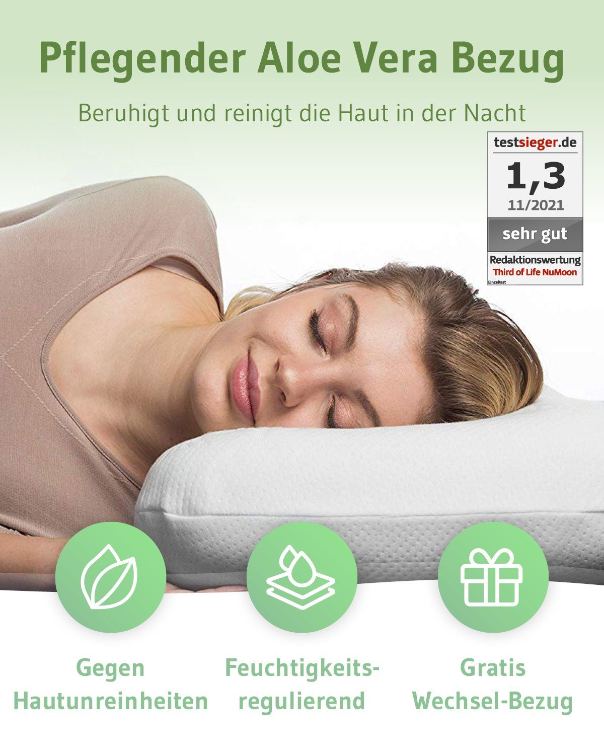 Third of Life Seitenschläferkissen Aloe Vera Kopfkissen NuMOON, Ergonomisches Visco-Schaumkissen mit hautpflegendem Bezug