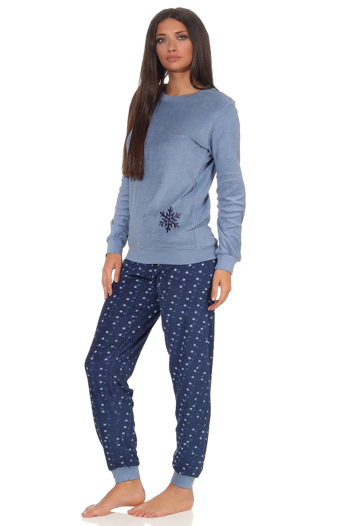 Normann Pyjama Damen Frottee Schlafanzug langarm mit Bündchen und Eiskristall Motiv