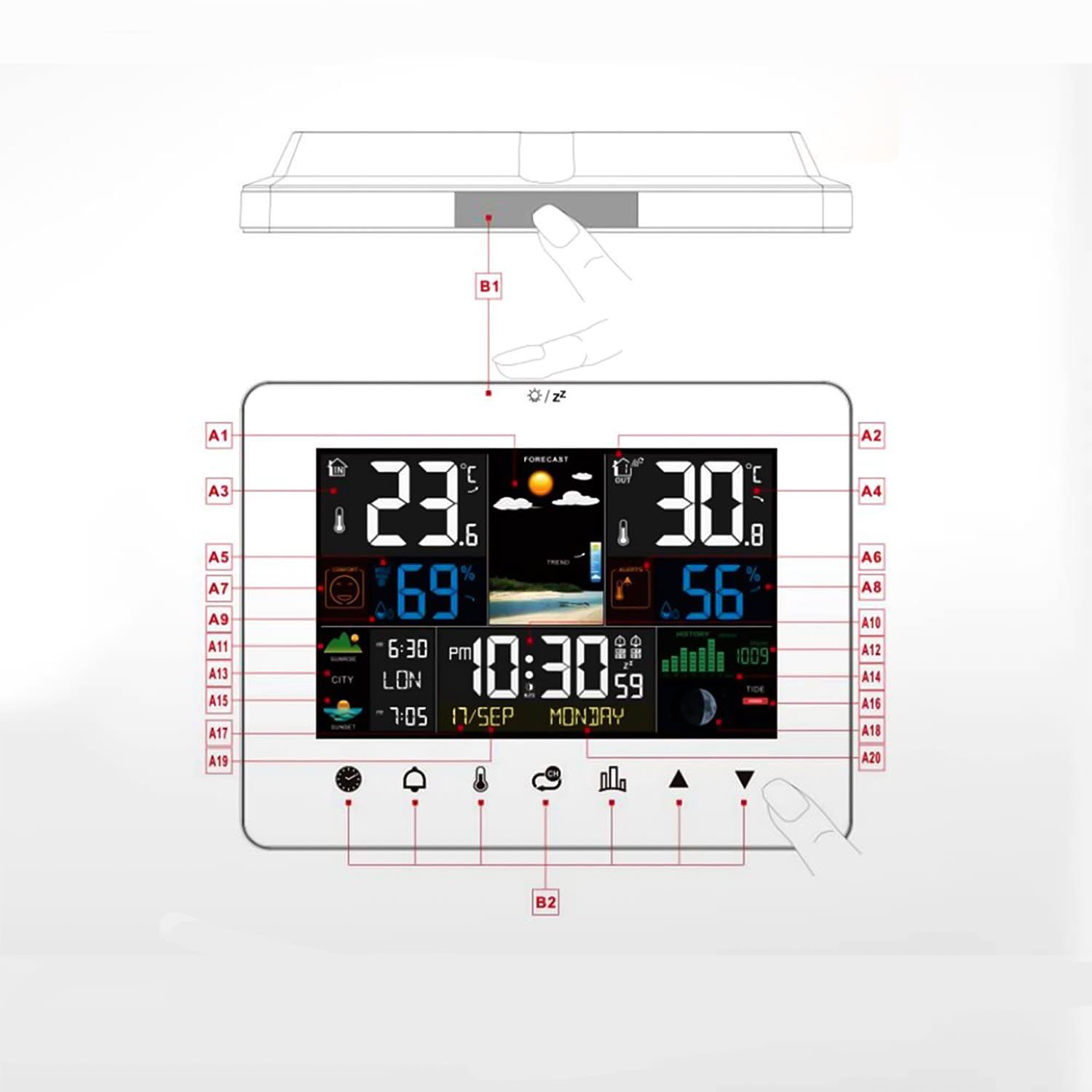 LETGOSPT Touch-Screen Thermometer Wettervorhersage Wetterstation (mit Sensor)