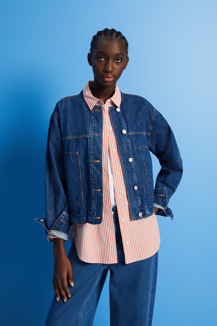 Kragenlose Jeansjacke mit Kordelzug