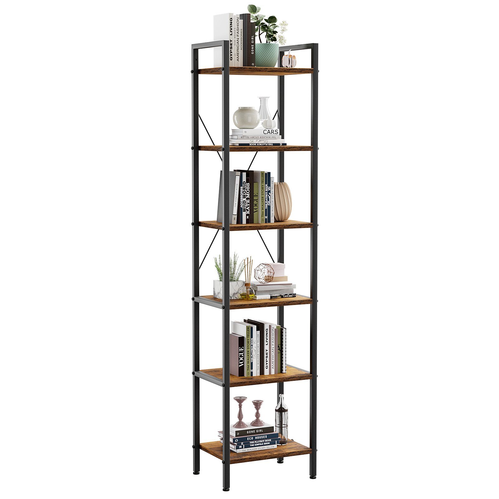 TLGREEN Bücherregal, mit 6 Ebenen, bücherregal standregal, 187 x 40 x 30 cm, Braun