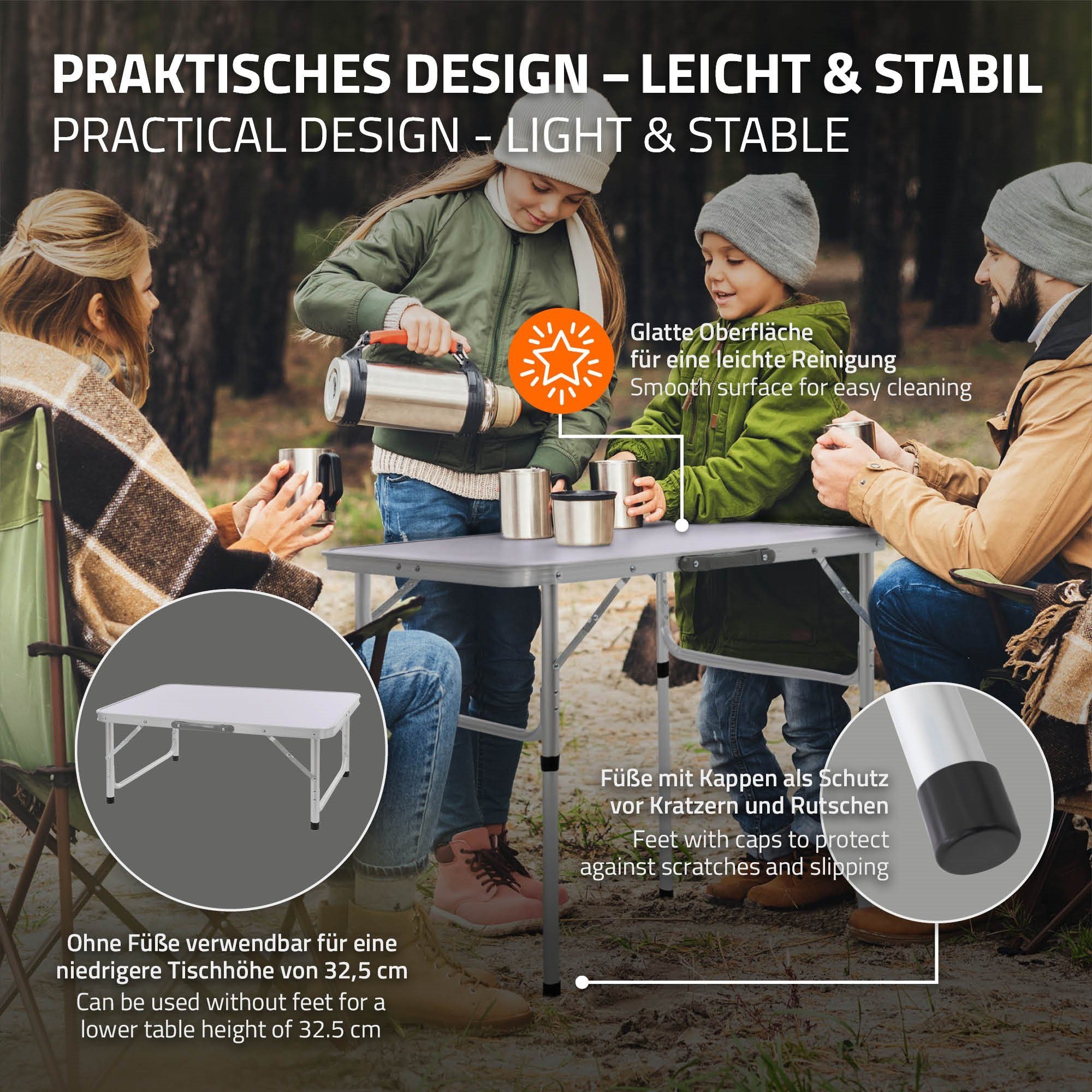 ML-DESIGN Klapptisch Campingtisch Tischplatte Gartentisch Falttisch Picknicktisch, Aluminium Silber-Weiß 75x55x68/32,5cm höhenverstellbar leicht MDF