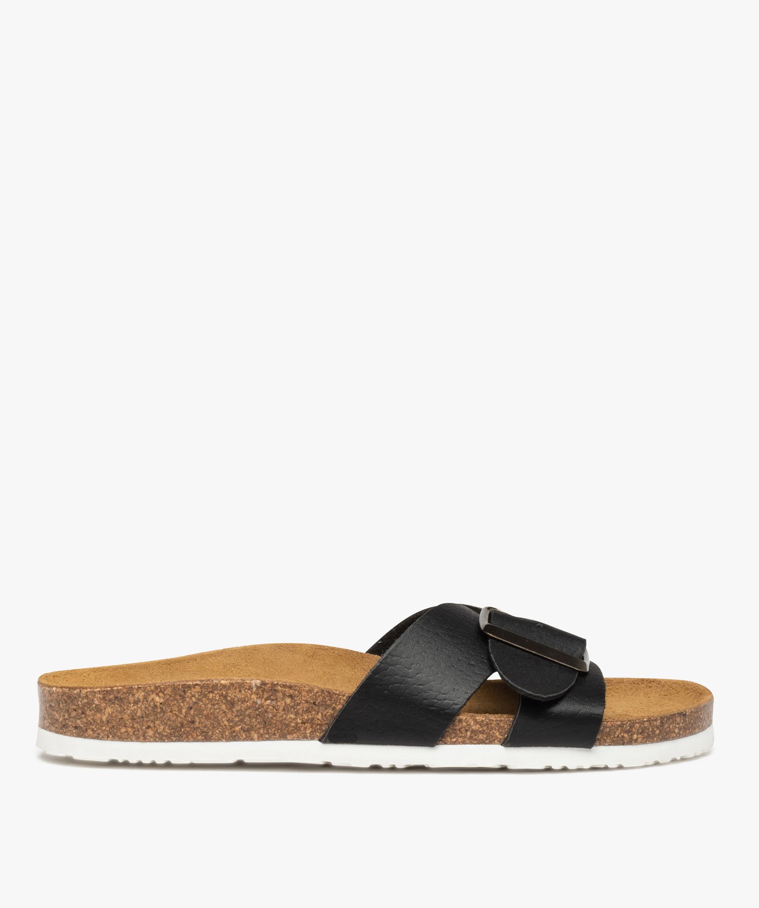 Mules femme plates à semelle liège et bride à boucle noir | GEMO
