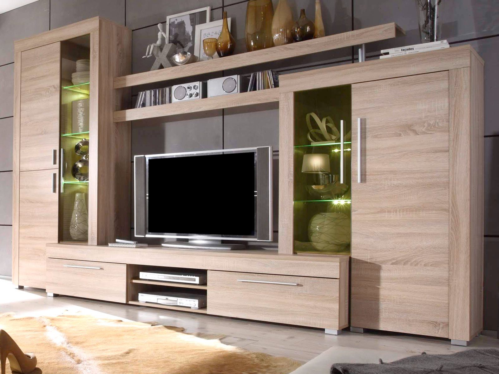 trendteam Wohnwand Boom, (Schrankwand Eiche Sonoma Dekor, 308 x 210), inklusive LED Beleuchtung