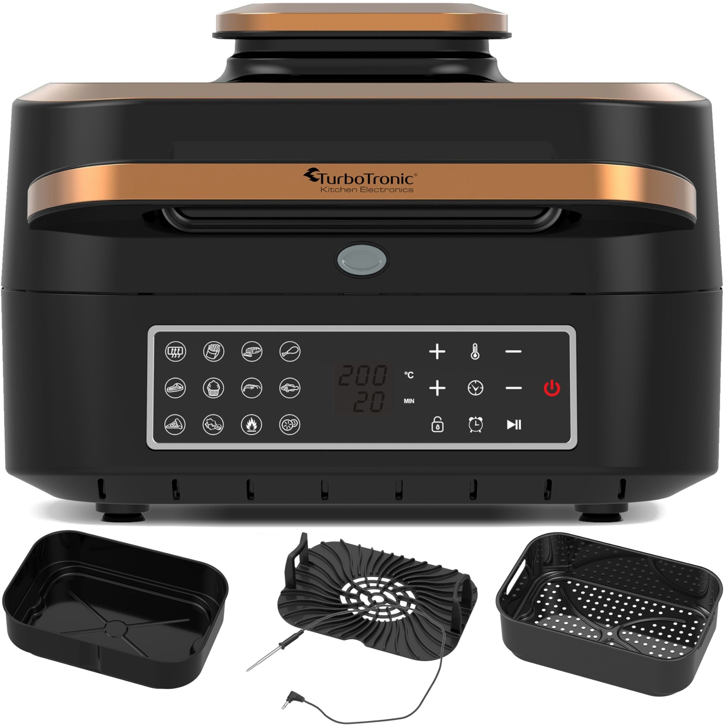 TurboTronic by Z-Line Heißluftfritteuse bis 260°C Food Grill mit digitalem Temperaturfühler 6,5 L Volumen, 1800 W, Tischgrill mit Crisper Plate Steakgrill