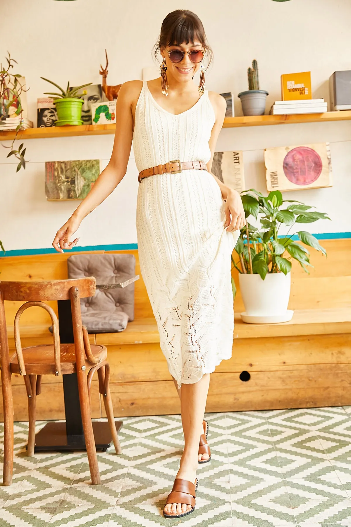 Olalook  Ecru gefüttertes Sommerstrickkleid für Damen ELB-19001113