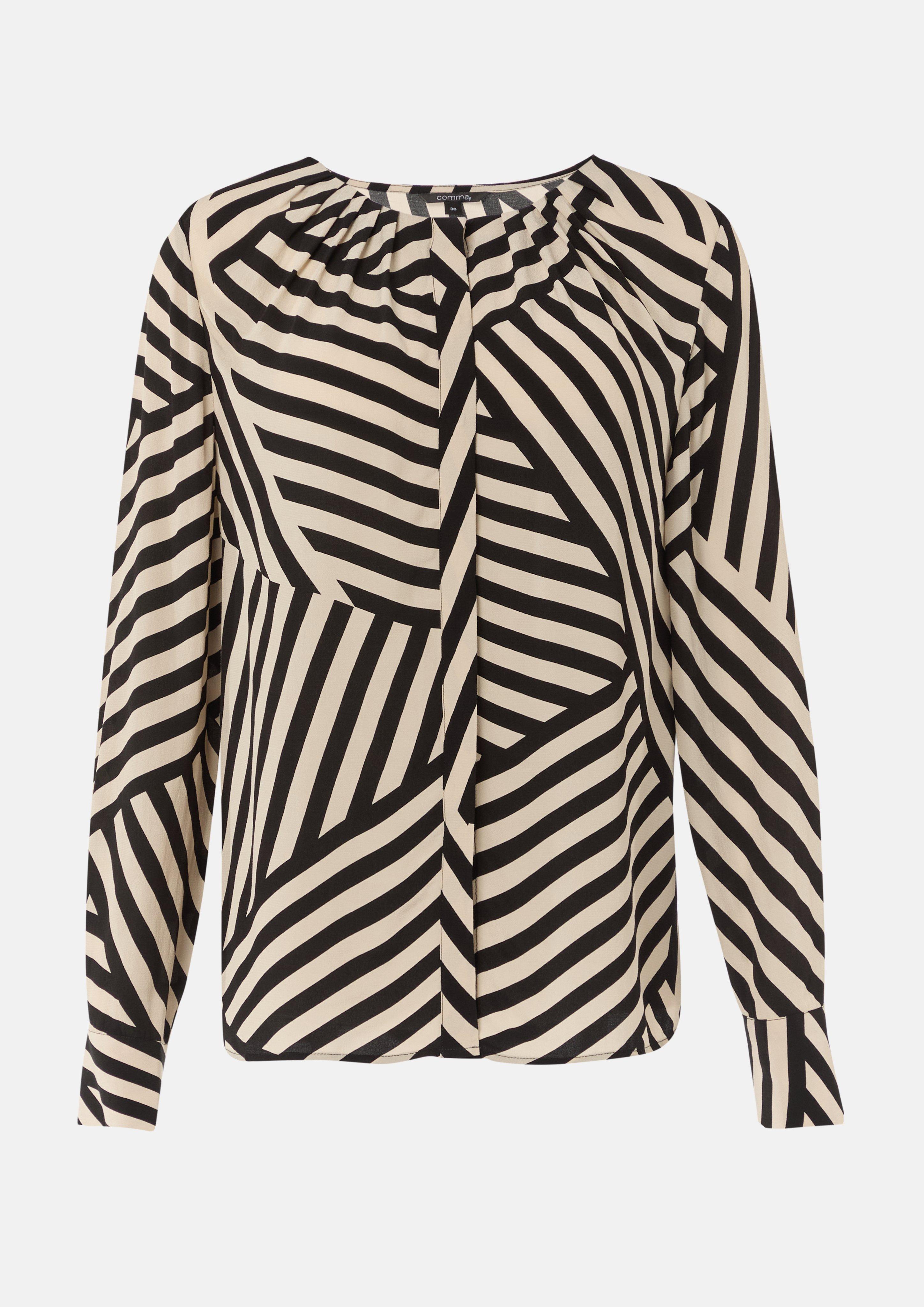 Crêpe-Bluse mit All-over-Print und Faltendetails - schwarz