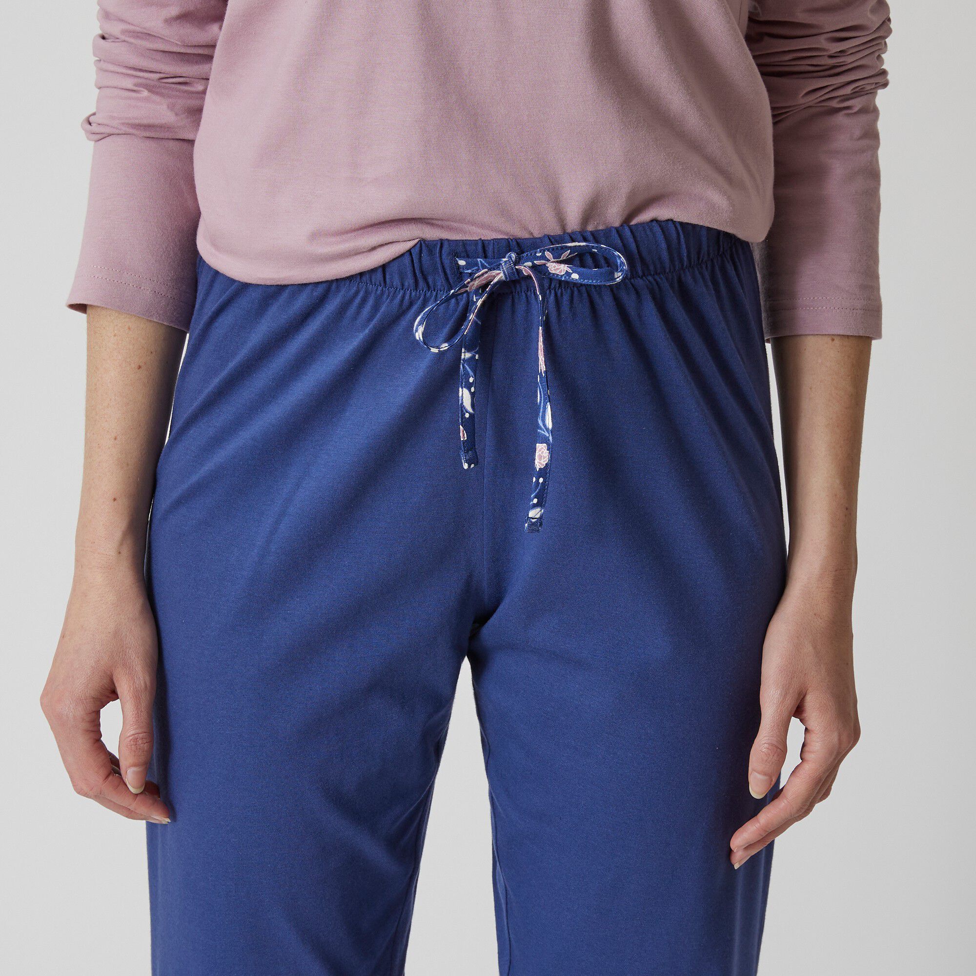 Pantalon pyjama coton uni avec noeud imprimé floral
