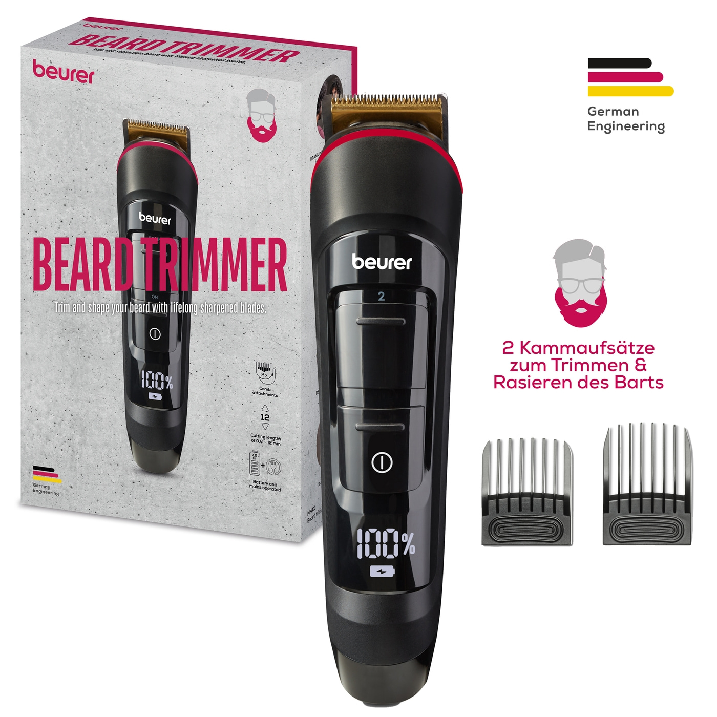 Beurer Barttrimmer MN4X-Abwaschbarer Trimmer mit Edelstahlklinge und Titaniumbeschichtung