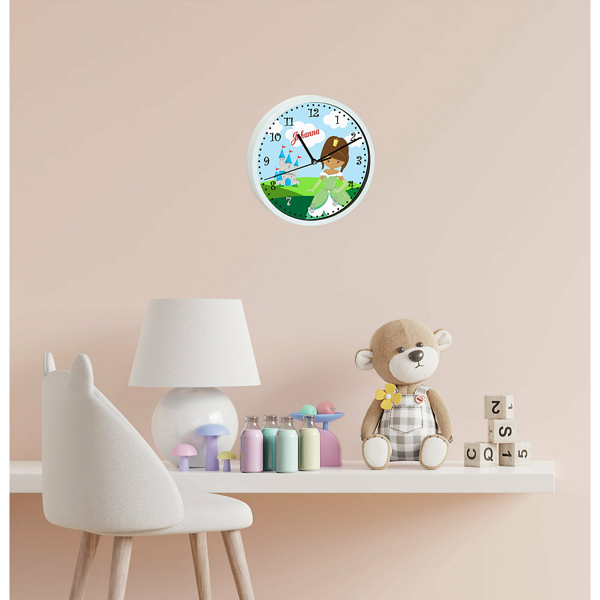 Kinder Wanduhr personalisiert mit Name Prinzessin
