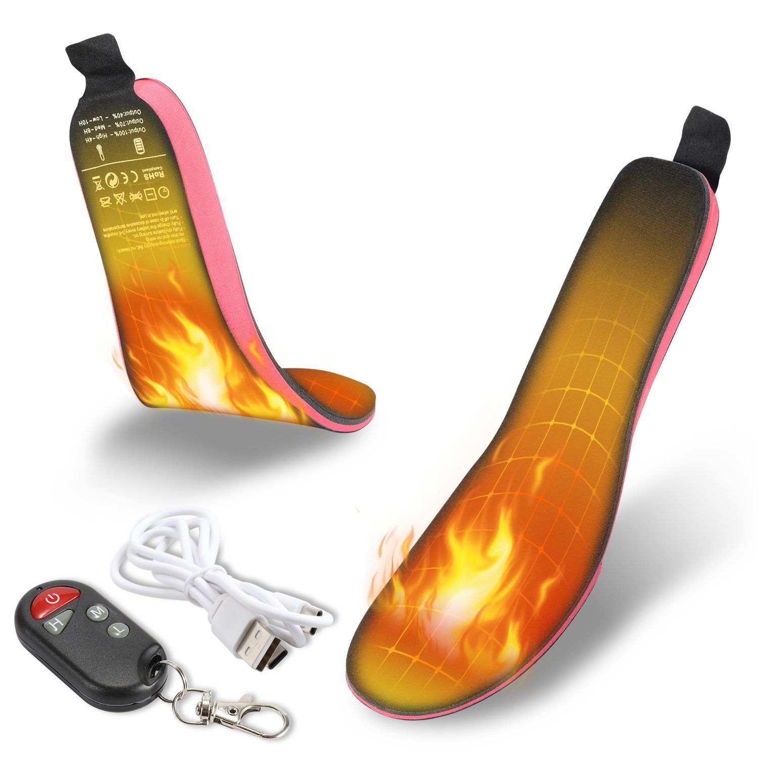 Gimisgu Thermosohlen Beheizte Einlegesohlen, 41-46, Sohlenwärmer, USB Wiederaufladbar (Set, 5-tlg., 1 Paar), Fernbedienung, 3-stufige Temperaturregelung, mit usb-Ladekabel