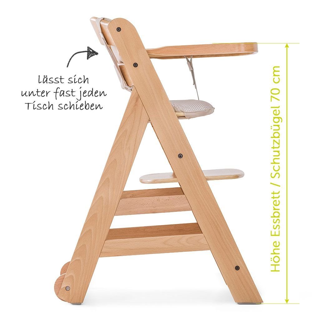 Hauck Hochstuhl Beta Plus - Natur Check (3 St), Mitwachsender Holz Kinderhochstuhl mit Essbrett, Sitzauflage & Rollen