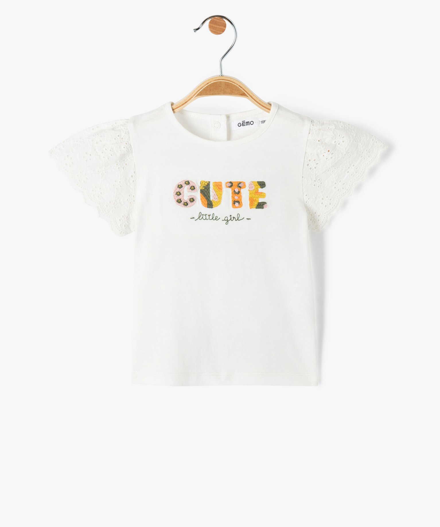 Tee-shirt bébé fille à manches en dentelle anglaise ecru | GEMO