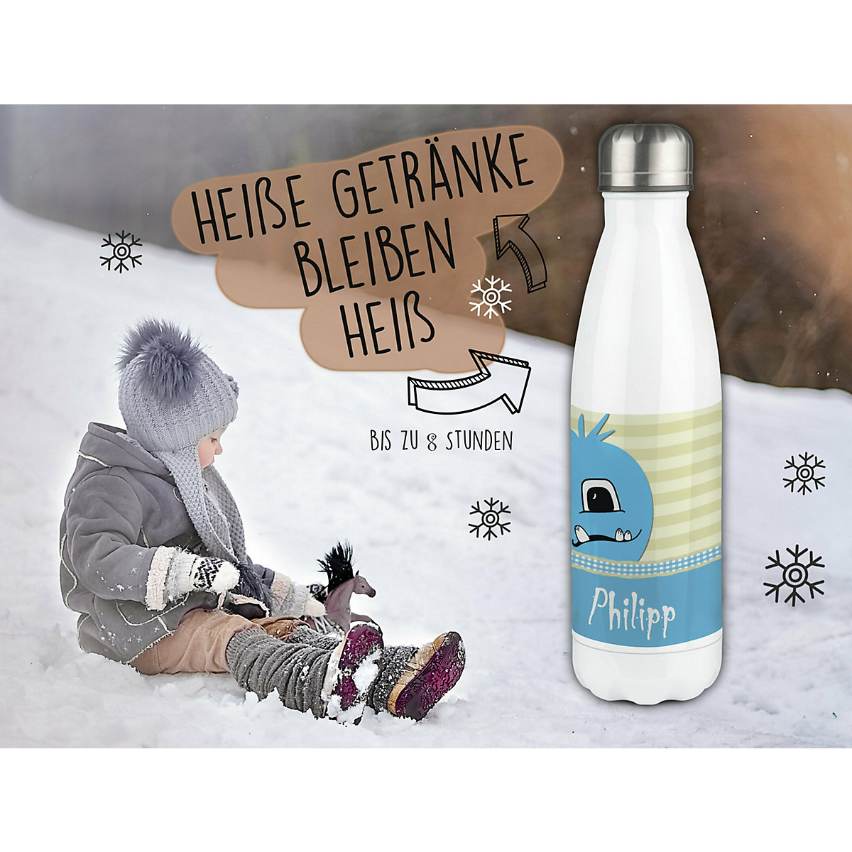 Edelstahl Kinder Thermoflasche / Trinkflasche bunt Monster Karo Farbe hellblau Spülmaschinenfest, Auslaufsicher, Bruchfest, Doppelwandig, Für Heißgetränke geeignet, Mit Deckel, Isoliert