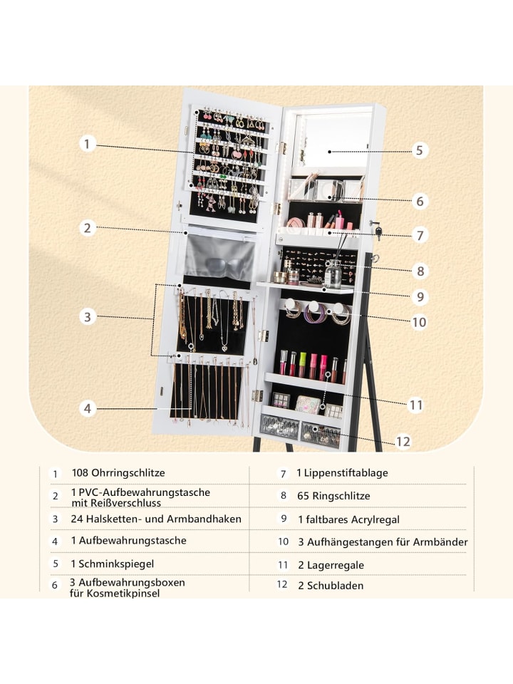 COSTWAY Schmuckschrank mit Spiegel in Weiß günstig kaufen 37 cm