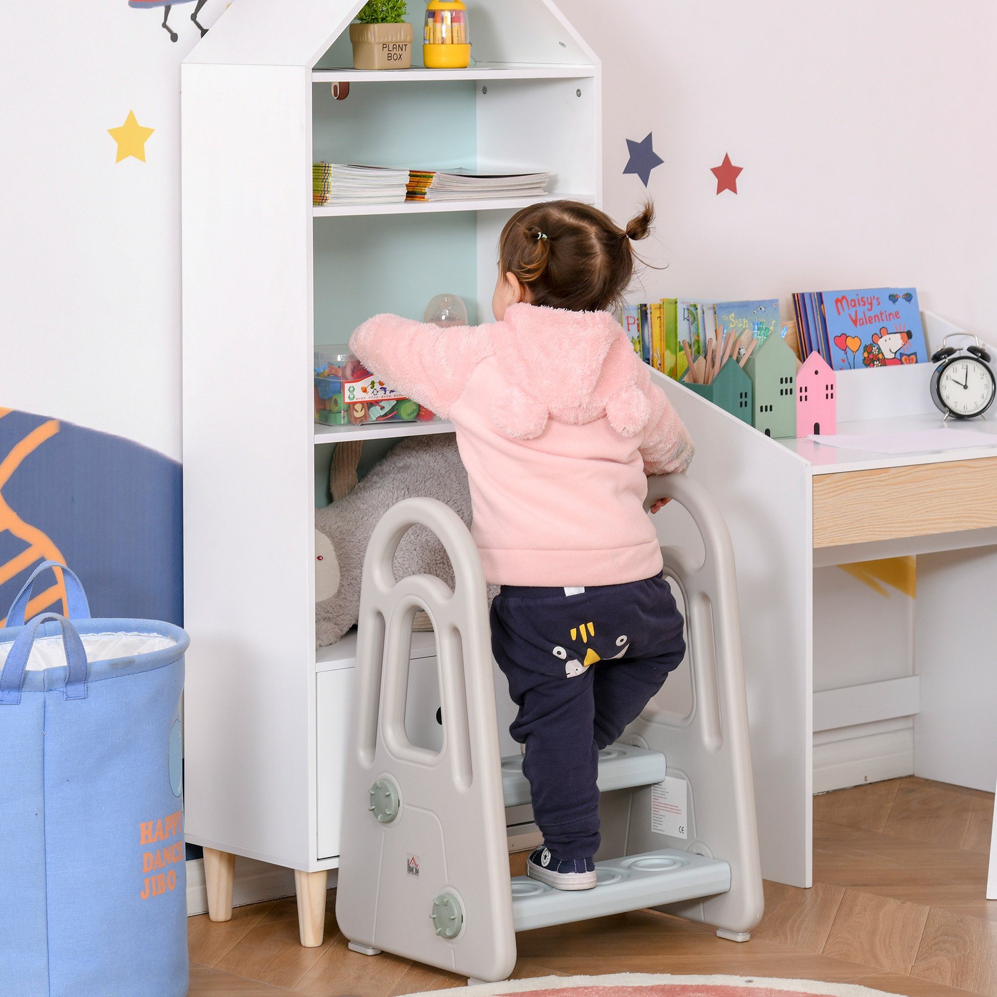 HOMCOM Stehhilfe Lernturm Stehender mit 2 Stufen Blau+Grau für 2-5 Jahre HDPE PP (Set, 1 St), 43.5L x 38.5B x 61H cm
