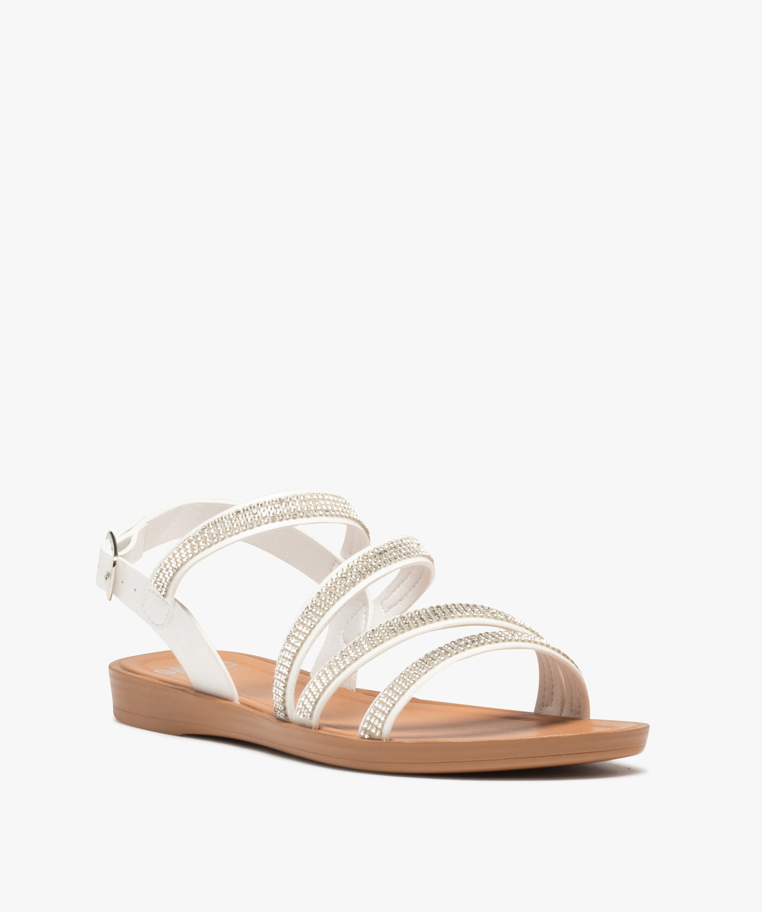 Sandales femme plates à brides strass unies blanc | GEMO