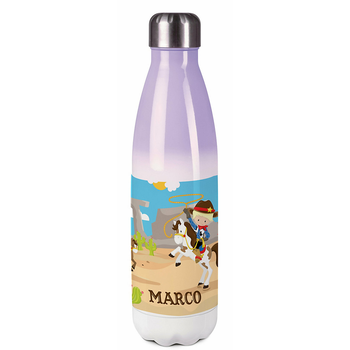Edelstahl Kinder Thermoflasche / Trinkflasche bunt Cowboy Spülmaschinenfest, Auslaufsicher, Bruchfest, Doppelwandig, Für Heißgetränke geeignet, Mit Deckel, Isoliert