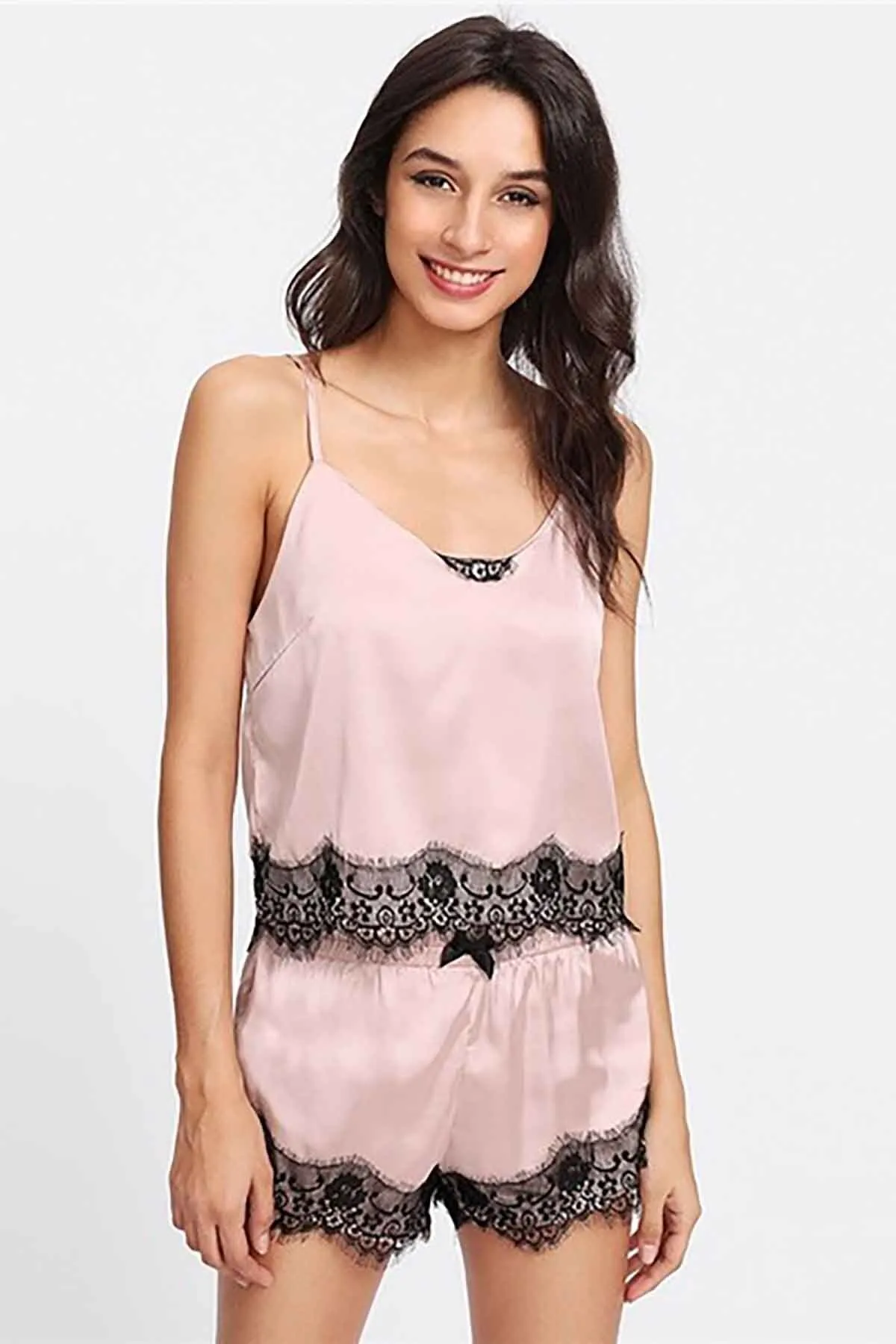 Merry See  Beruflic Spitze besticktes Satin-Nachthemd-Set, Rosa