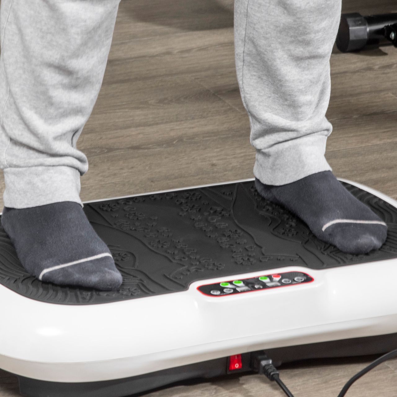 HOMCOM Vibrationsplatte mit 2 Fitnessbändern 99 Vibrationsstufen 120 kg Belastbarkeit Rüttelplatte Fitnessgeräte für Ganzkörpertraining zu Hause mit LCD-Anzeige 200W 73 x 40 x 13cm Weiß Schwarz