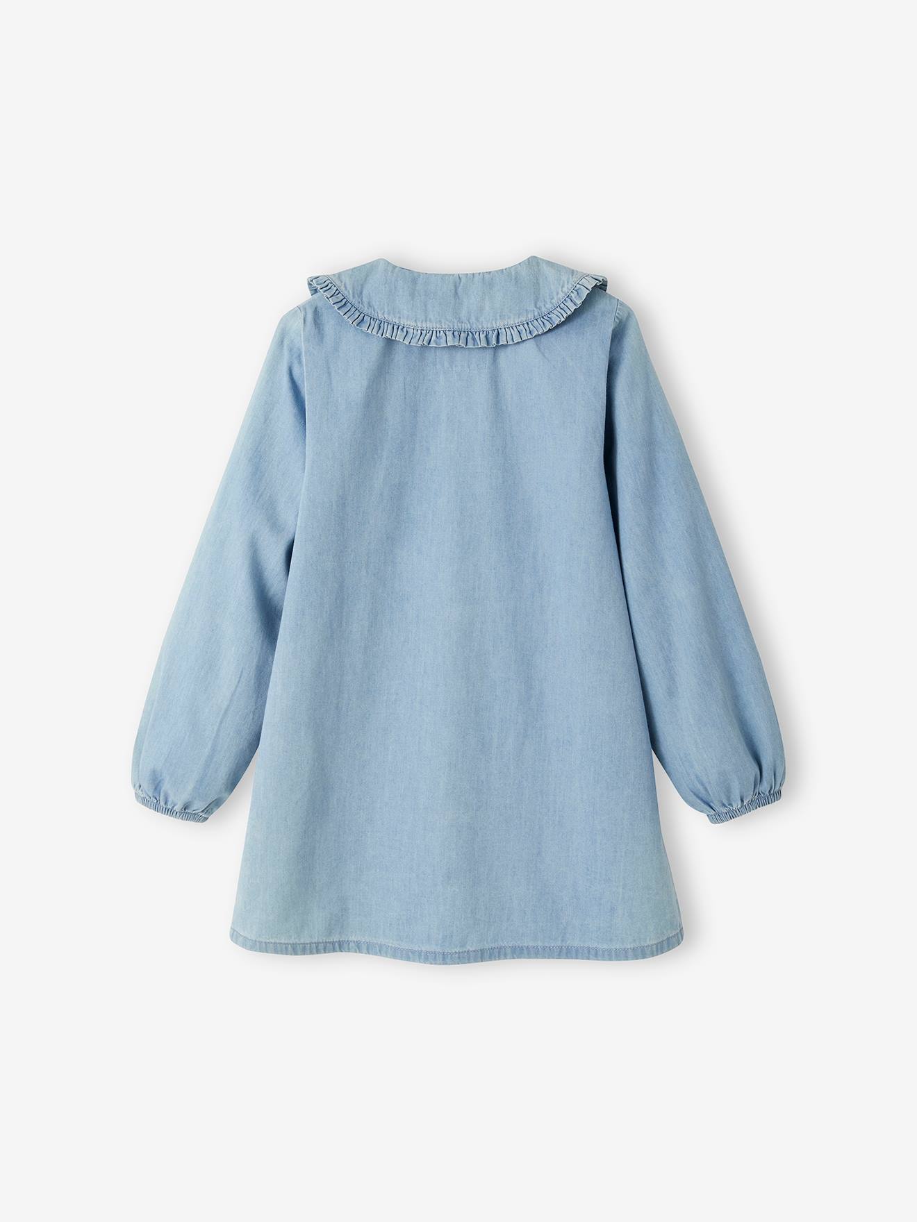 Tablier d'écolière en denim léger personnalisable fille bleu jean