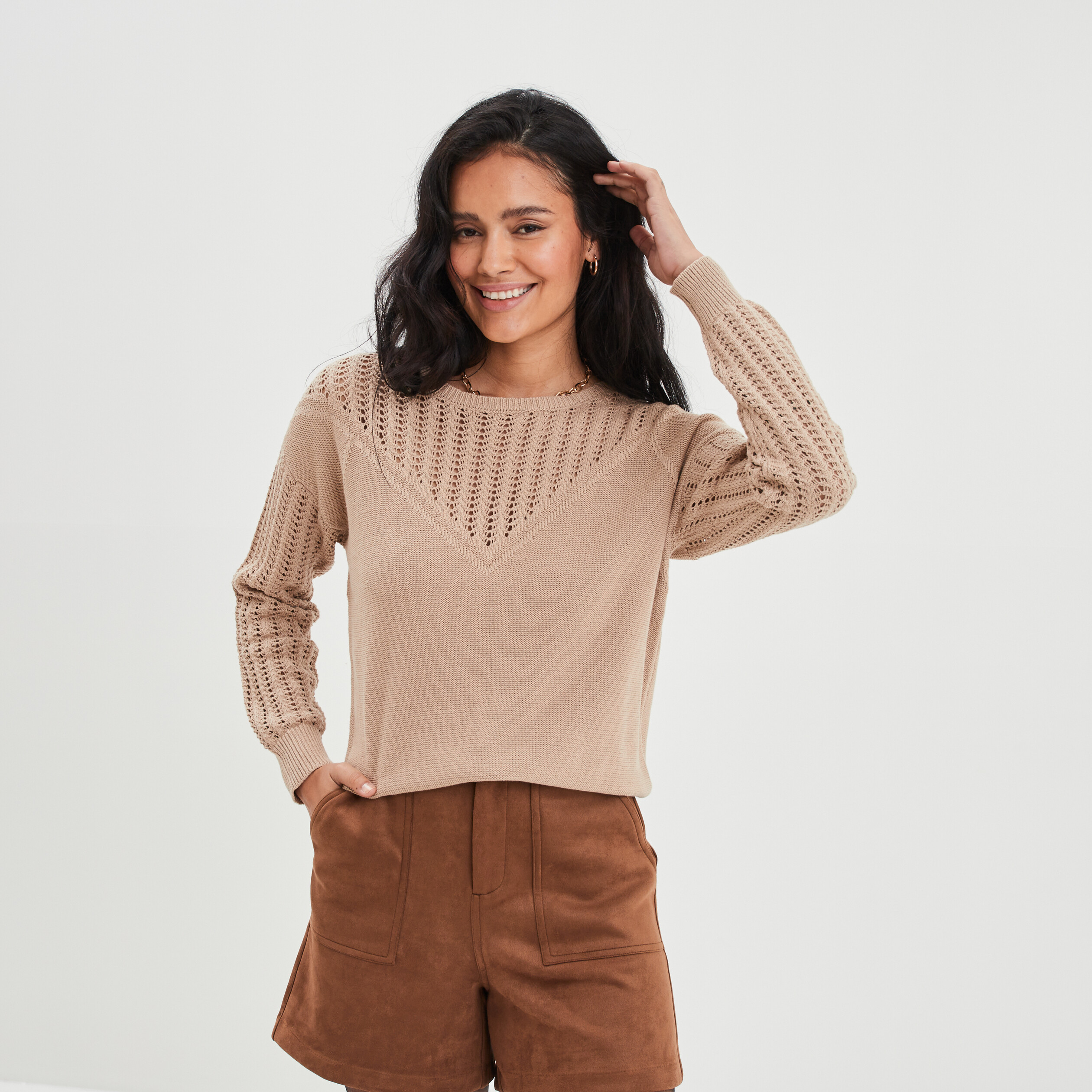 Pull ajouré col et manches Liberto beige femme | La Halle